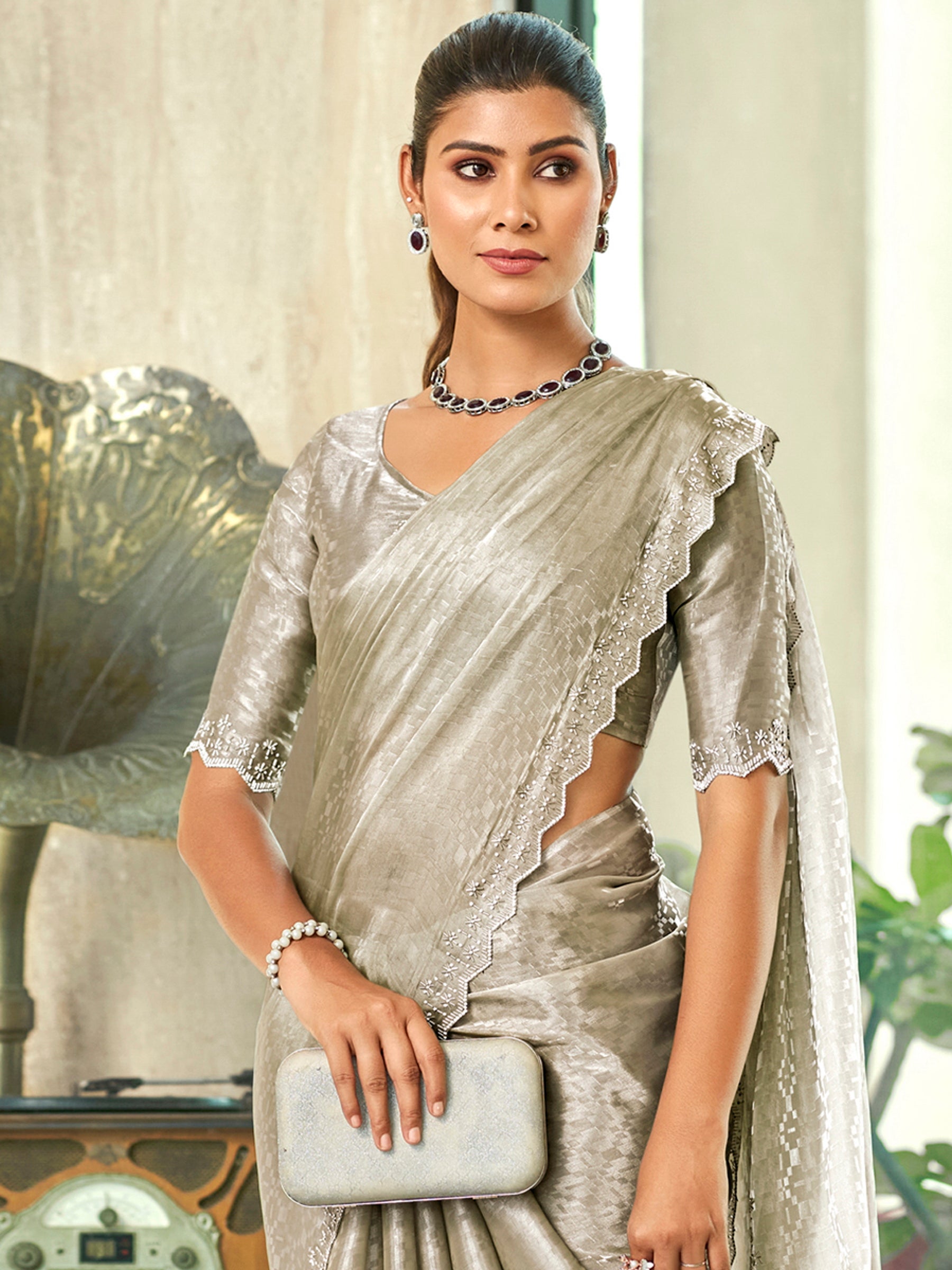 Jyoti Fashion Women's Silver Silk Blend Embellished Border with Beads & Crystal Cutwork Saree with Blouse | Swadesiicart