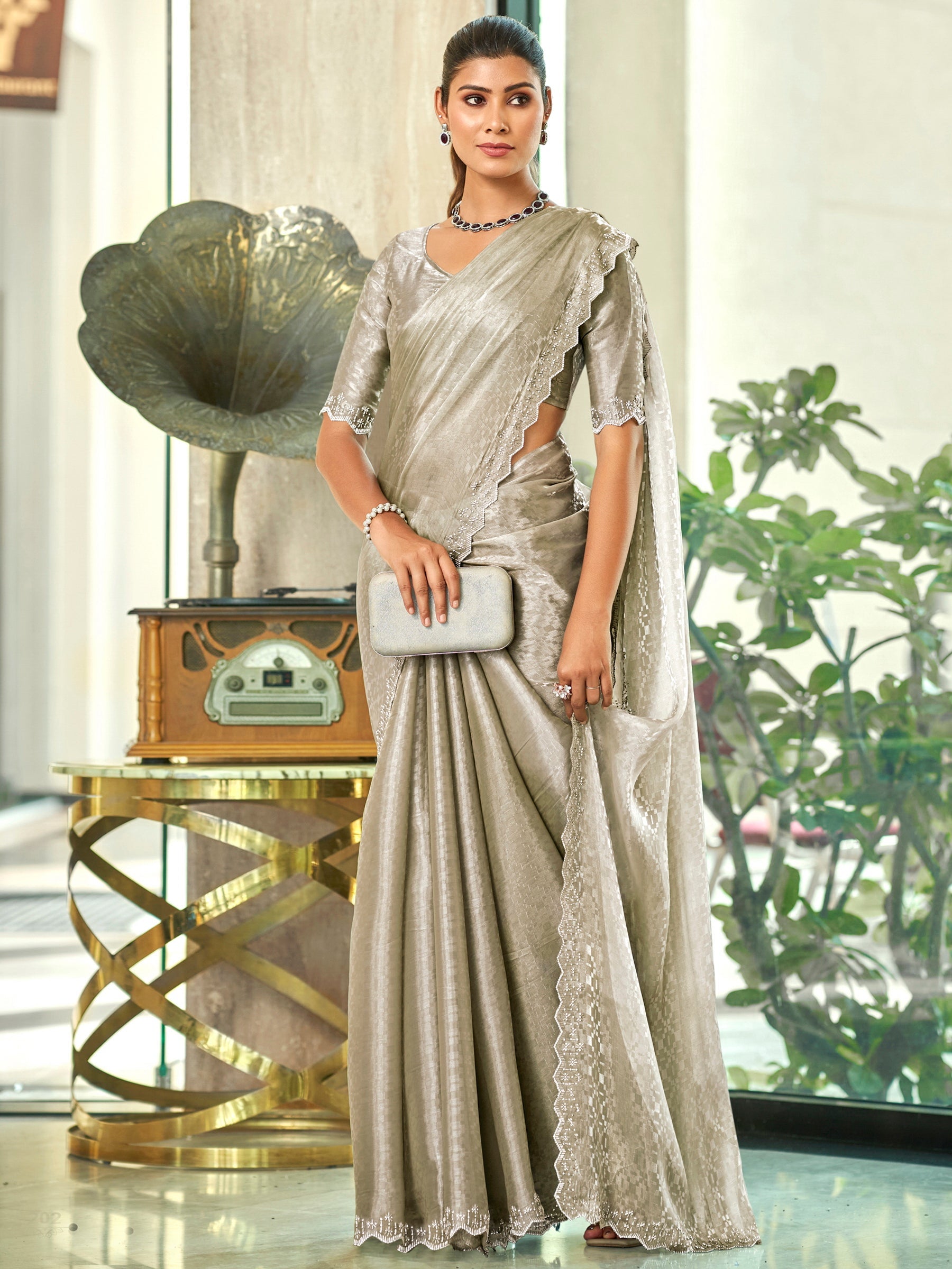 Jyoti Fashion Women's Silver Silk Blend Embellished Border with Beads & Crystal Cutwork Saree with Blouse | Swadesiicart