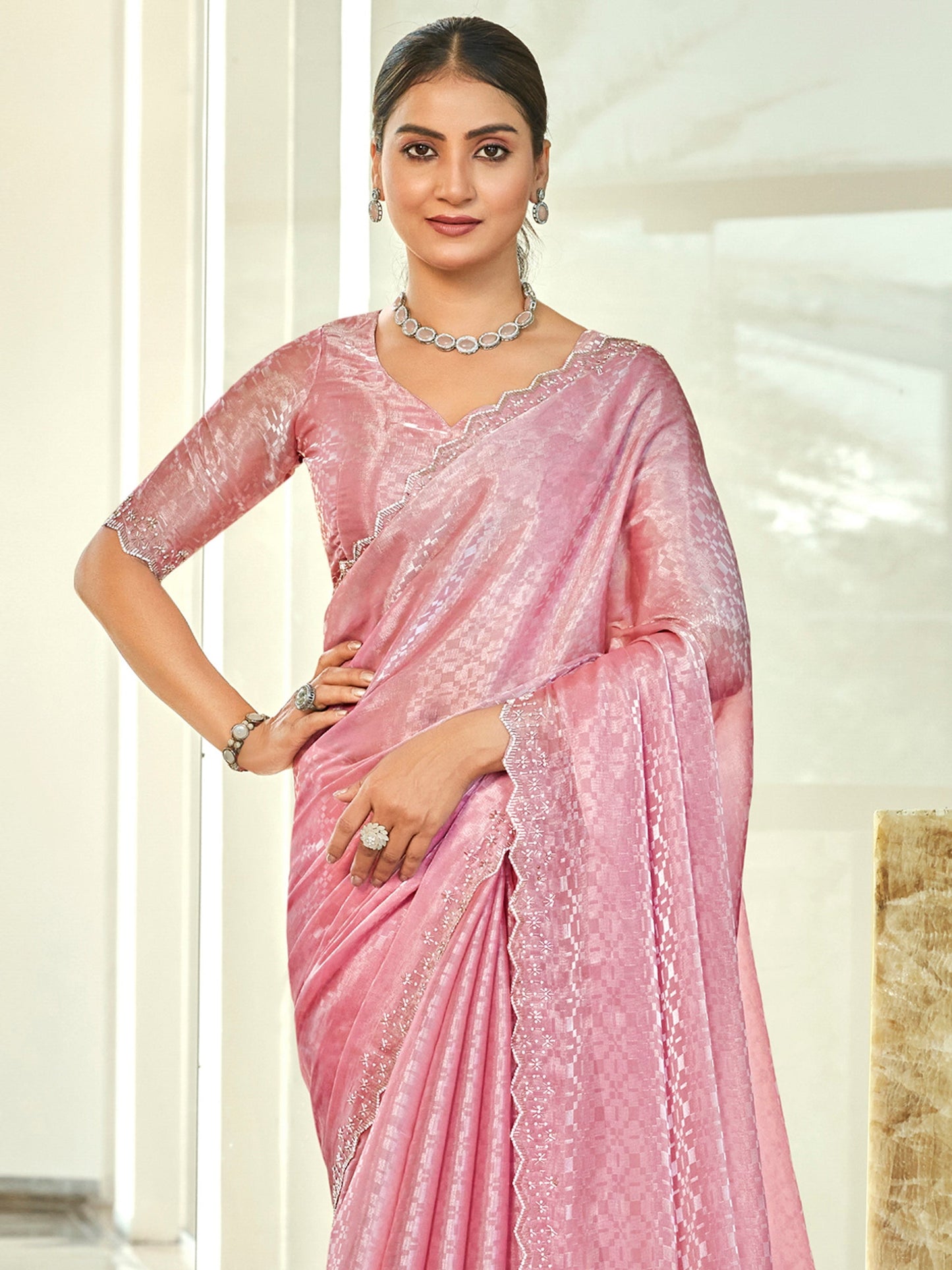 Jyoti Fashion Women's Pink Silk Blend Embellished Border with Beads & Crystal Cutwork Saree with Blouse | Swadesiicart