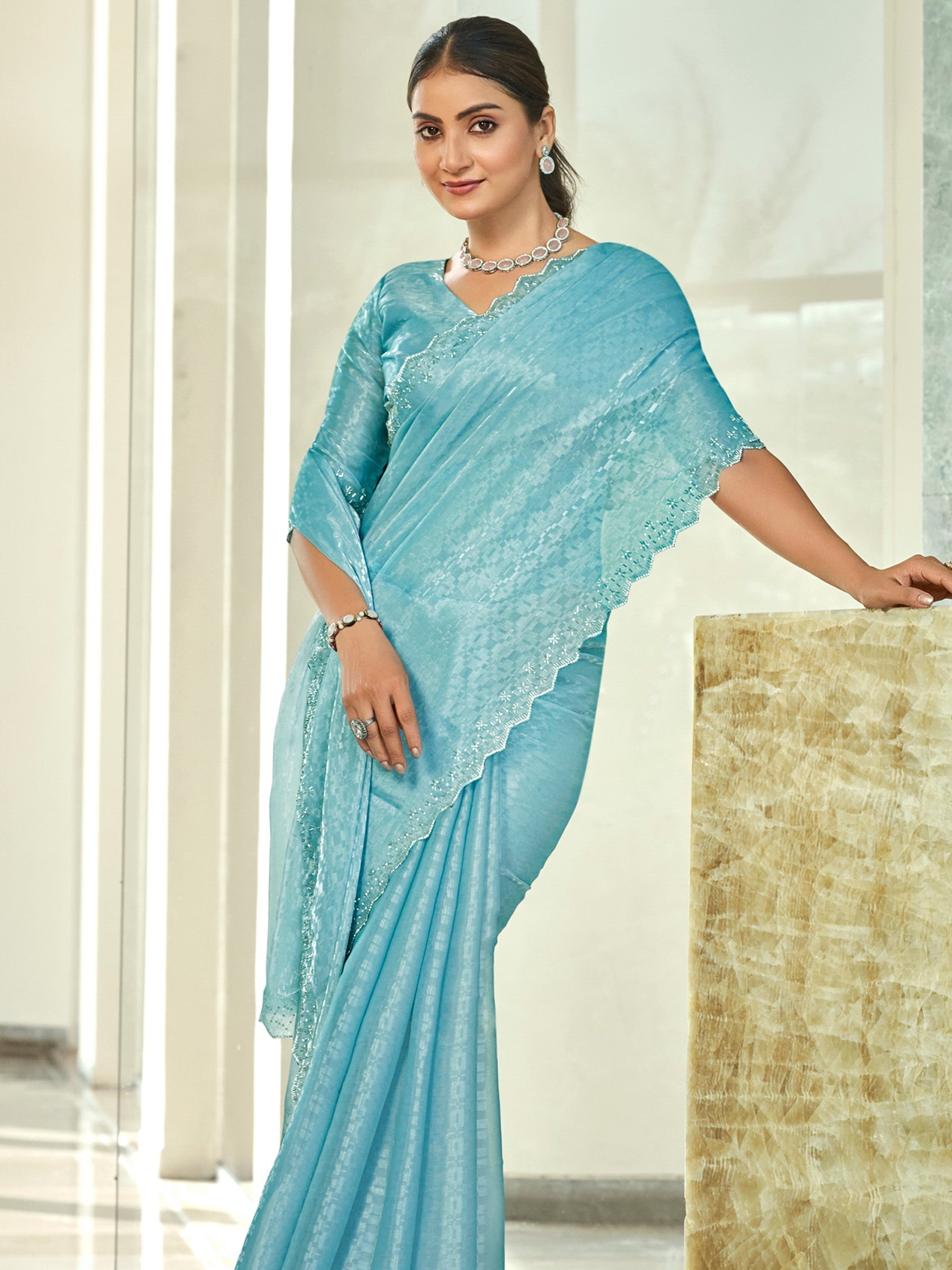 Jyoti Fashion Women's Sky Blue Silk Blend Embellished Border with Beads & Crystal Cutwork Saree with Blouse | Swadesiicart