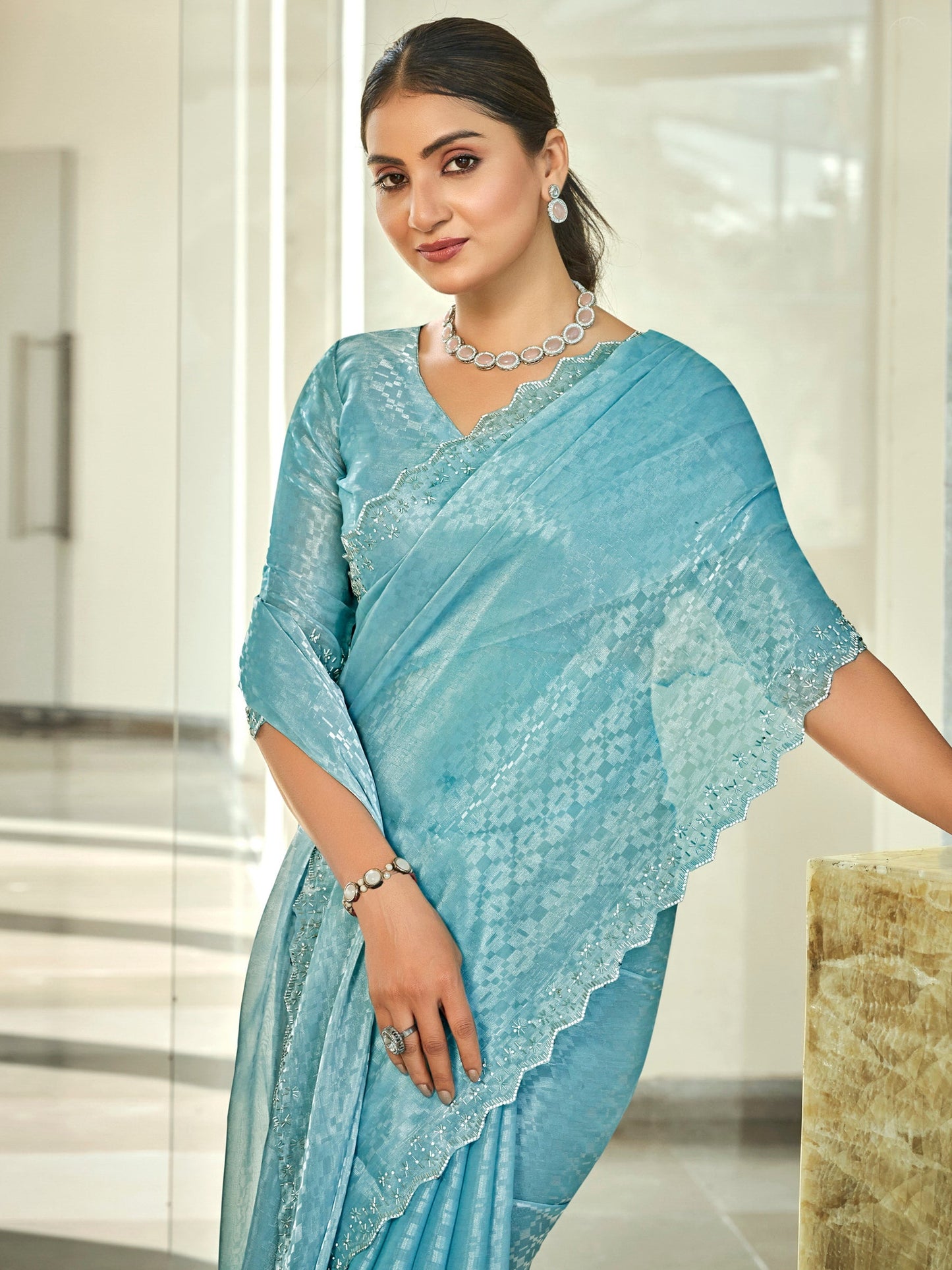 Jyoti Fashion Women's Sky Blue Silk Blend Embellished Border with Beads & Crystal Cutwork Saree with Blouse | Swadesiicart
