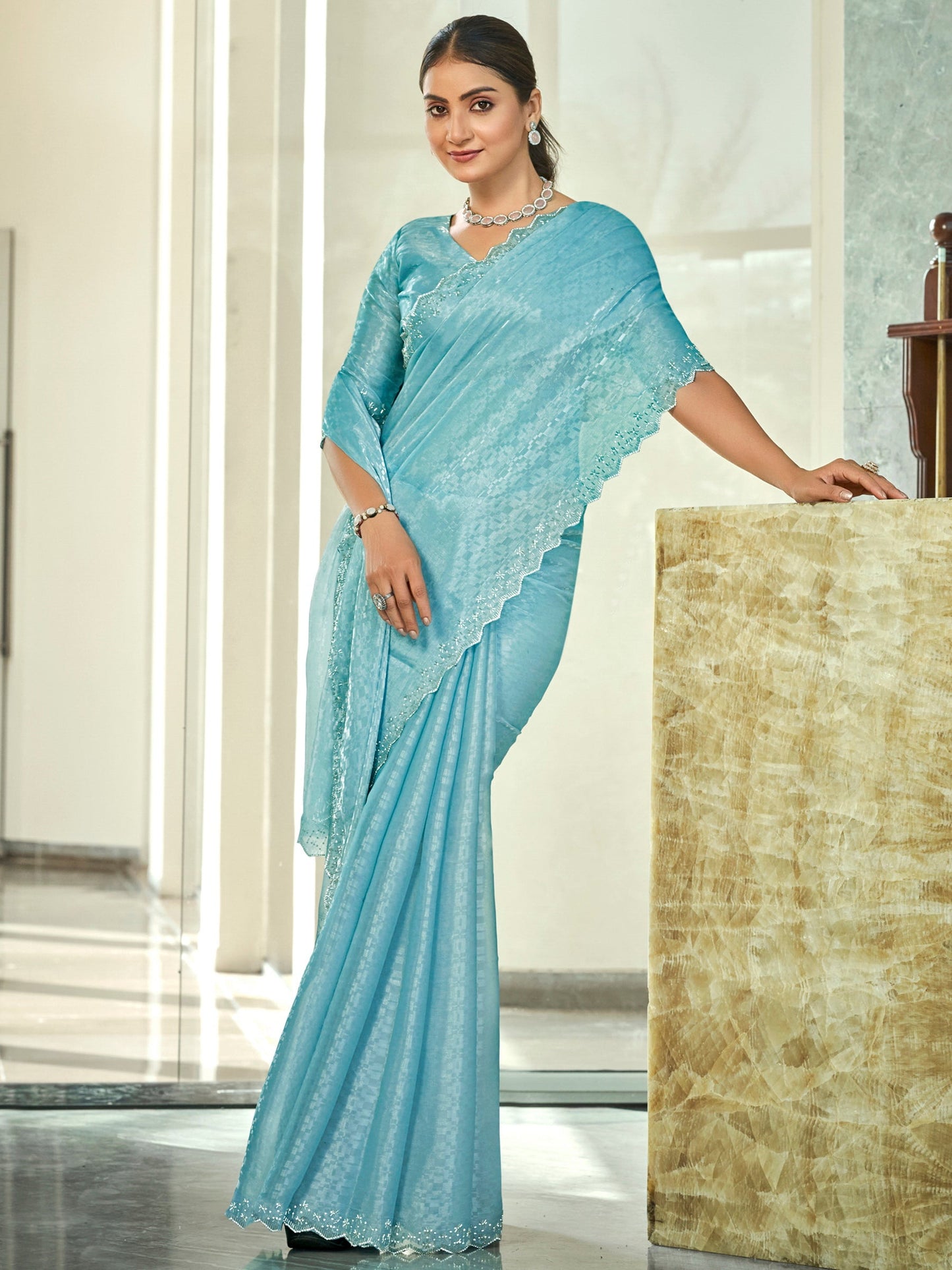 Jyoti Fashion Women's Sky Blue Silk Blend Embellished Border with Beads & Crystal Cutwork Saree with Blouse | Swadesiicart