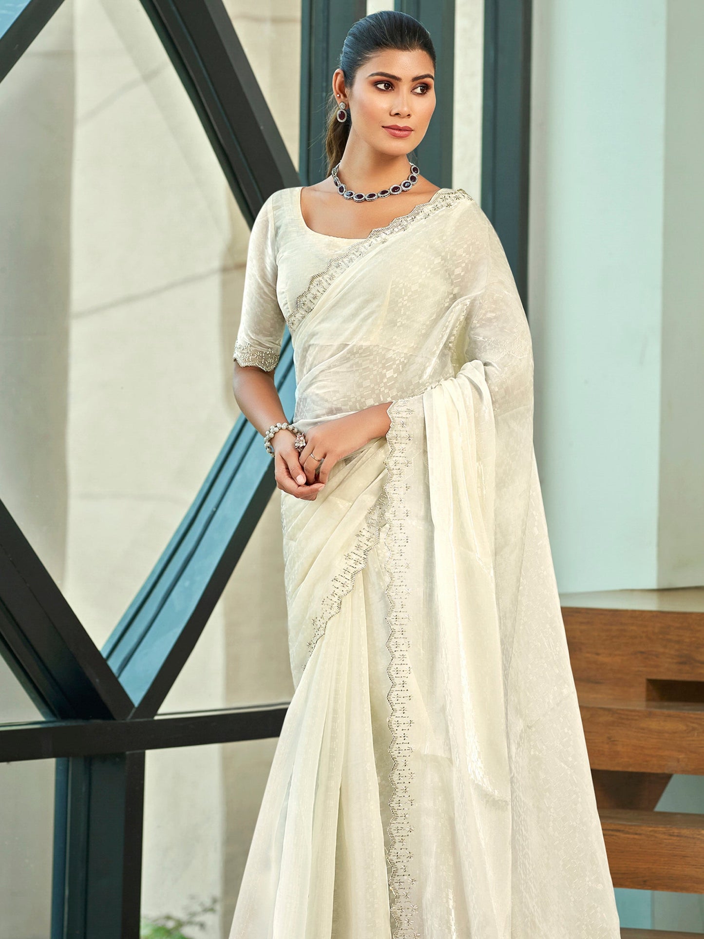 Jyoti Fashion Women's Cream Silk Blend Embellished Border with Beads & Crystal Cutwork Saree with Blouse | Swadesiicart