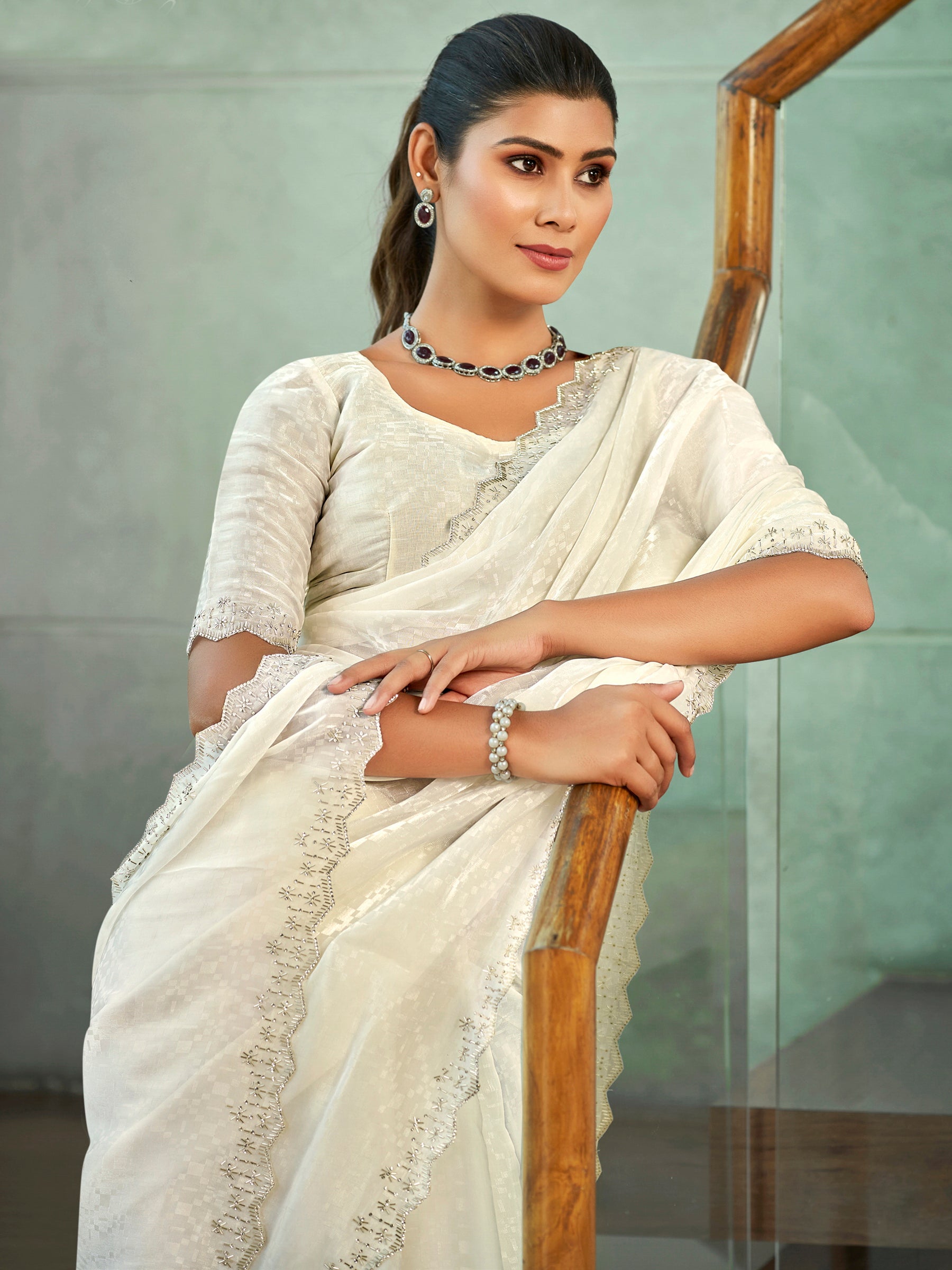 Jyoti Fashion Women's Cream Silk Blend Embellished Border with Beads & Crystal Cutwork Saree with Blouse | Swadesiicart