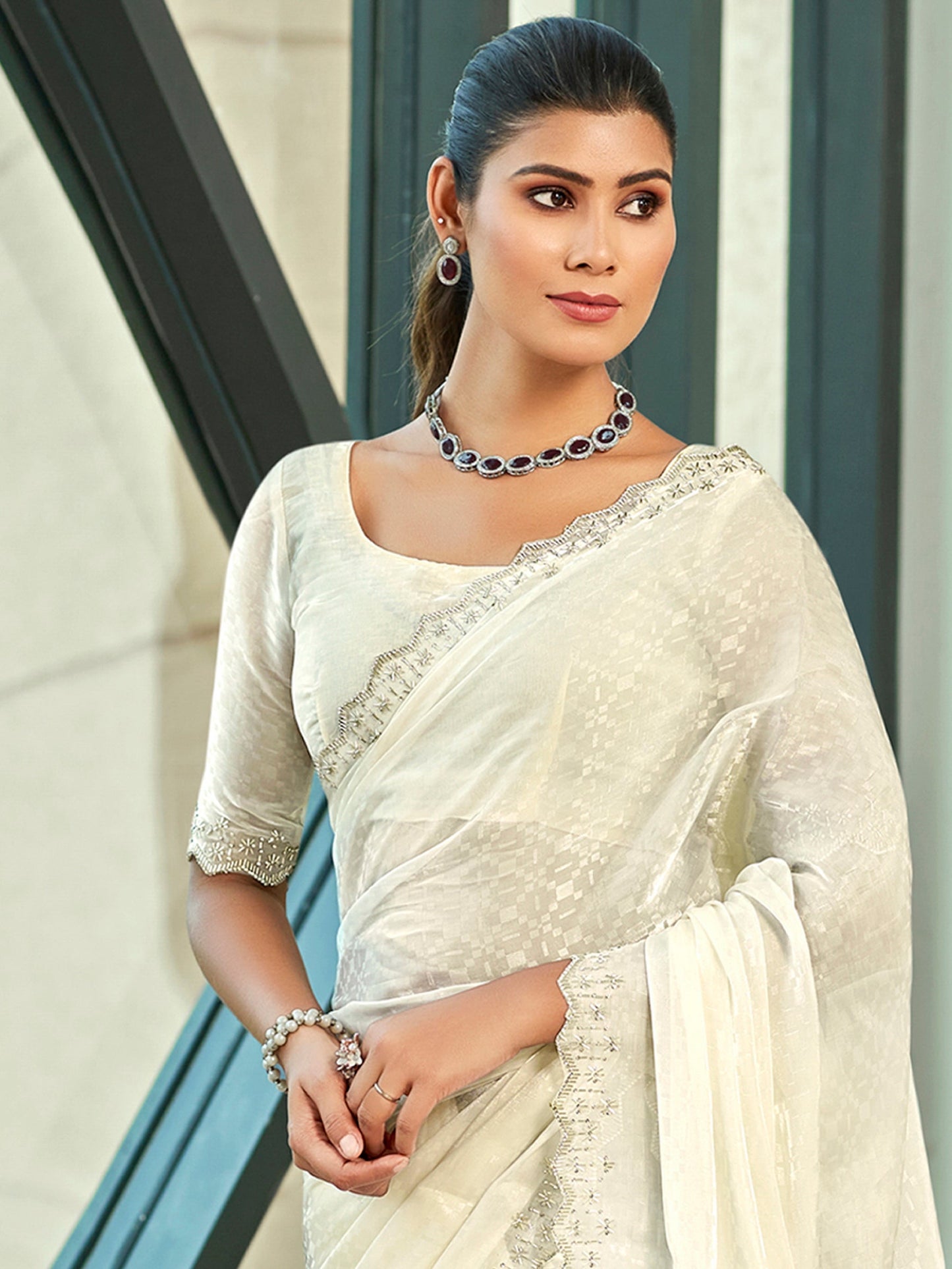 Jyoti Fashion Women's Cream Silk Blend Embellished Border with Beads & Crystal Cutwork Saree with Blouse | Swadesiicart