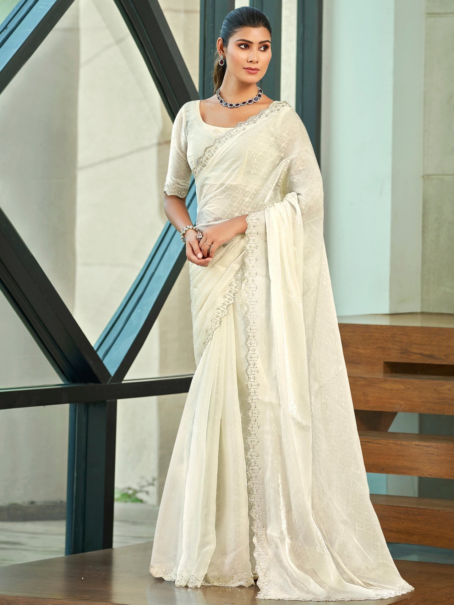 Jyoti Fashion Women's Cream Silk Blend Embellished Border with Beads & Crystal Cutwork Saree with Blouse | Swadesiicart