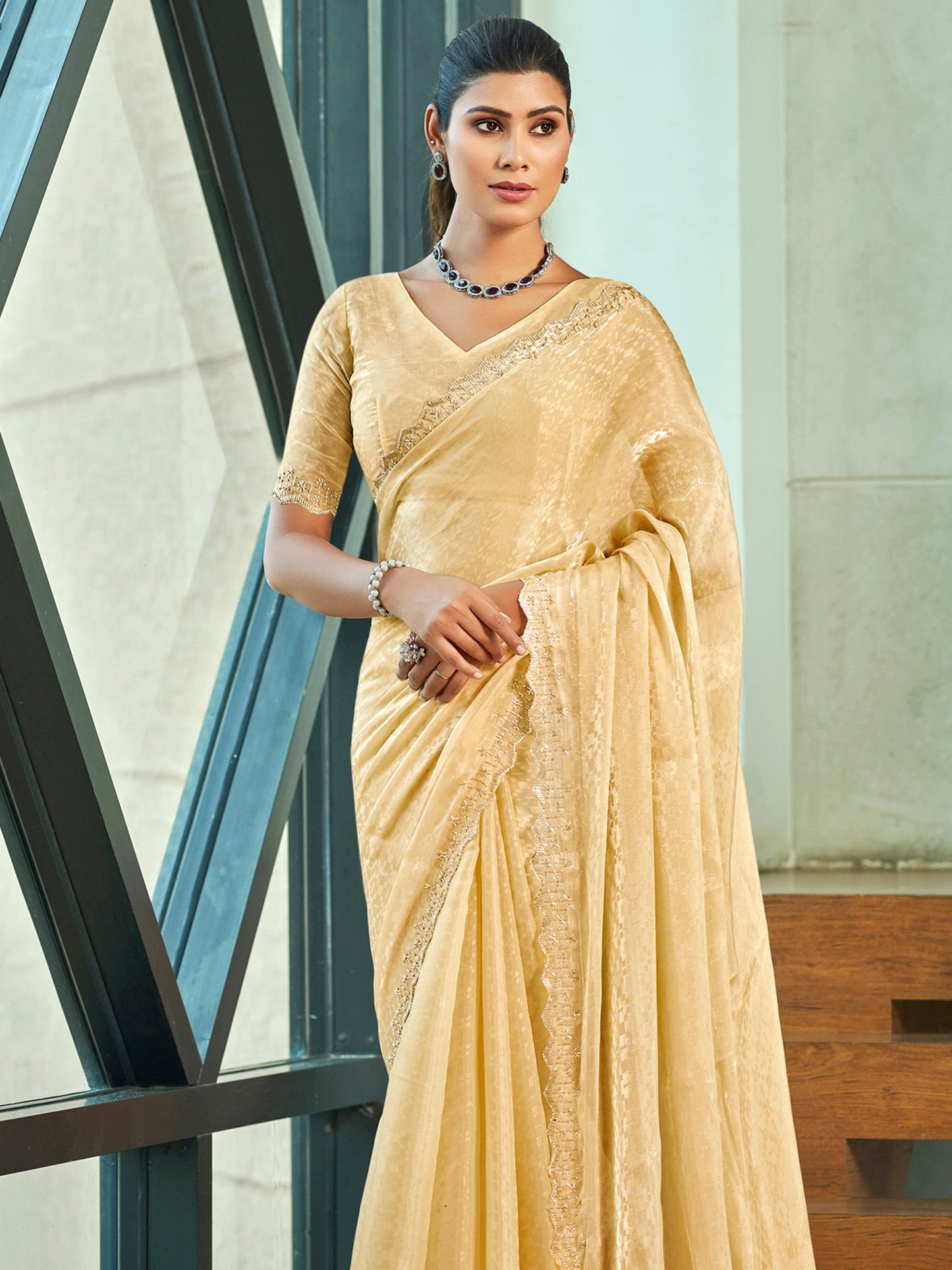 Jyoti Fashion Women's Ivory Silk Blend Embellished Border with Beads & Crystal Cutwork Saree with Blouse | Swadesiicart