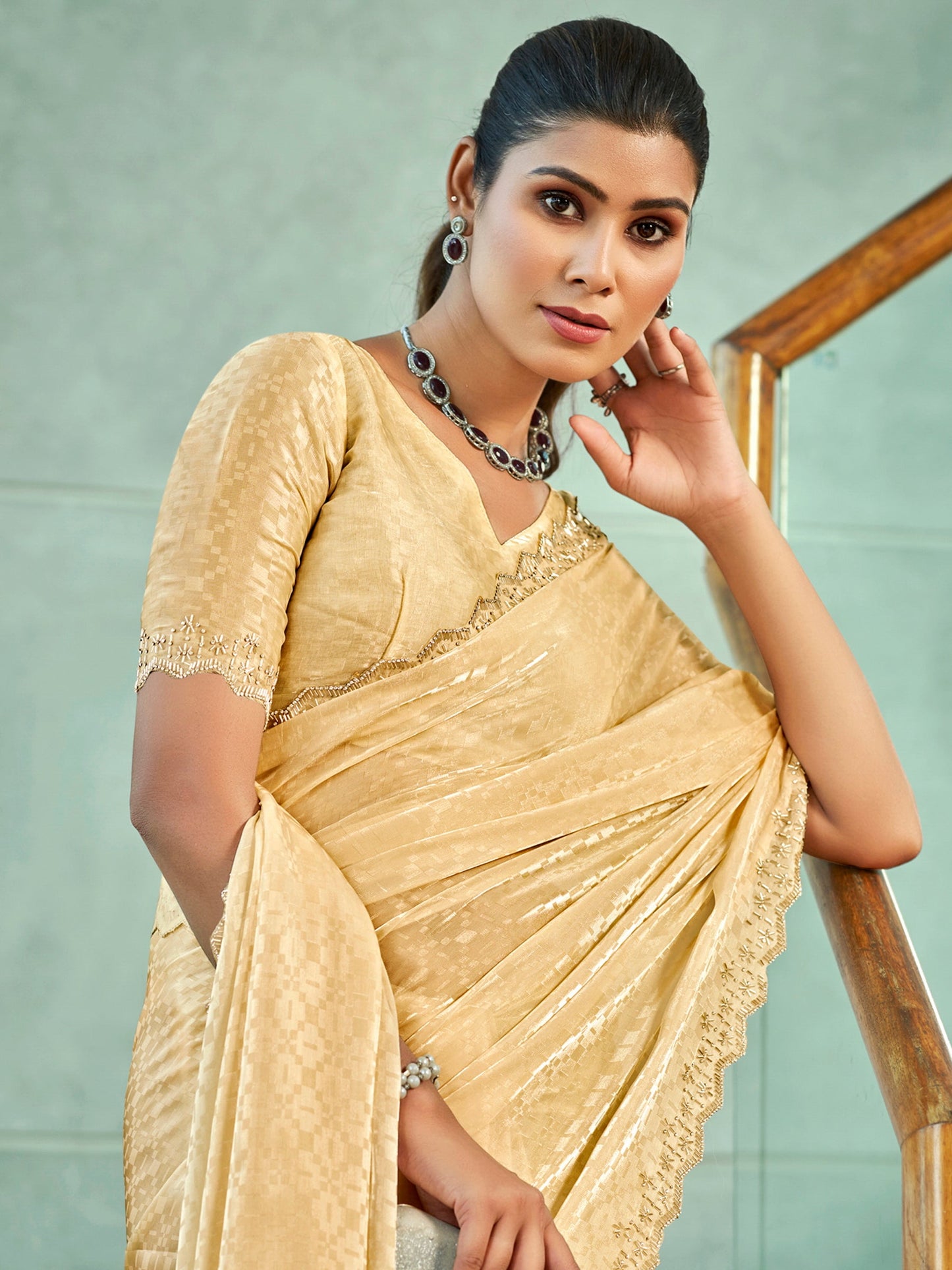 Jyoti Fashion Women's Ivory Silk Blend Embellished Border with Beads & Crystal Cutwork Saree with Blouse | Swadesiicart