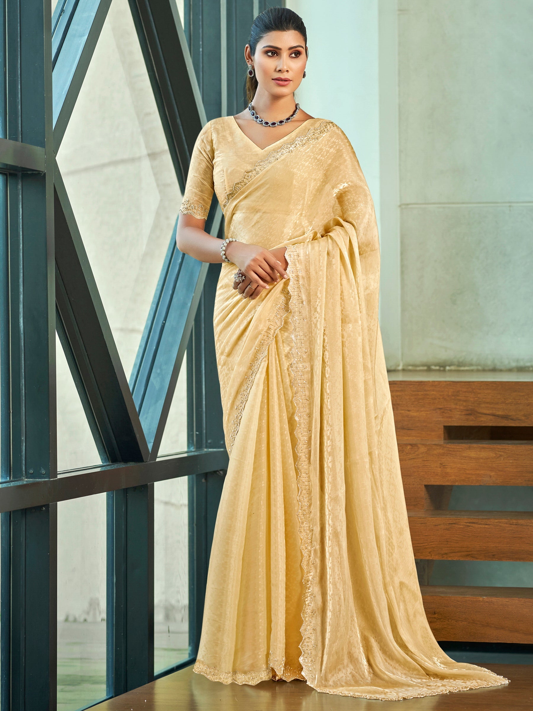 Jyoti Fashion Women's Ivory Silk Blend Embellished Border with Beads & Crystal Cutwork Saree with Blouse | Swadesiicart