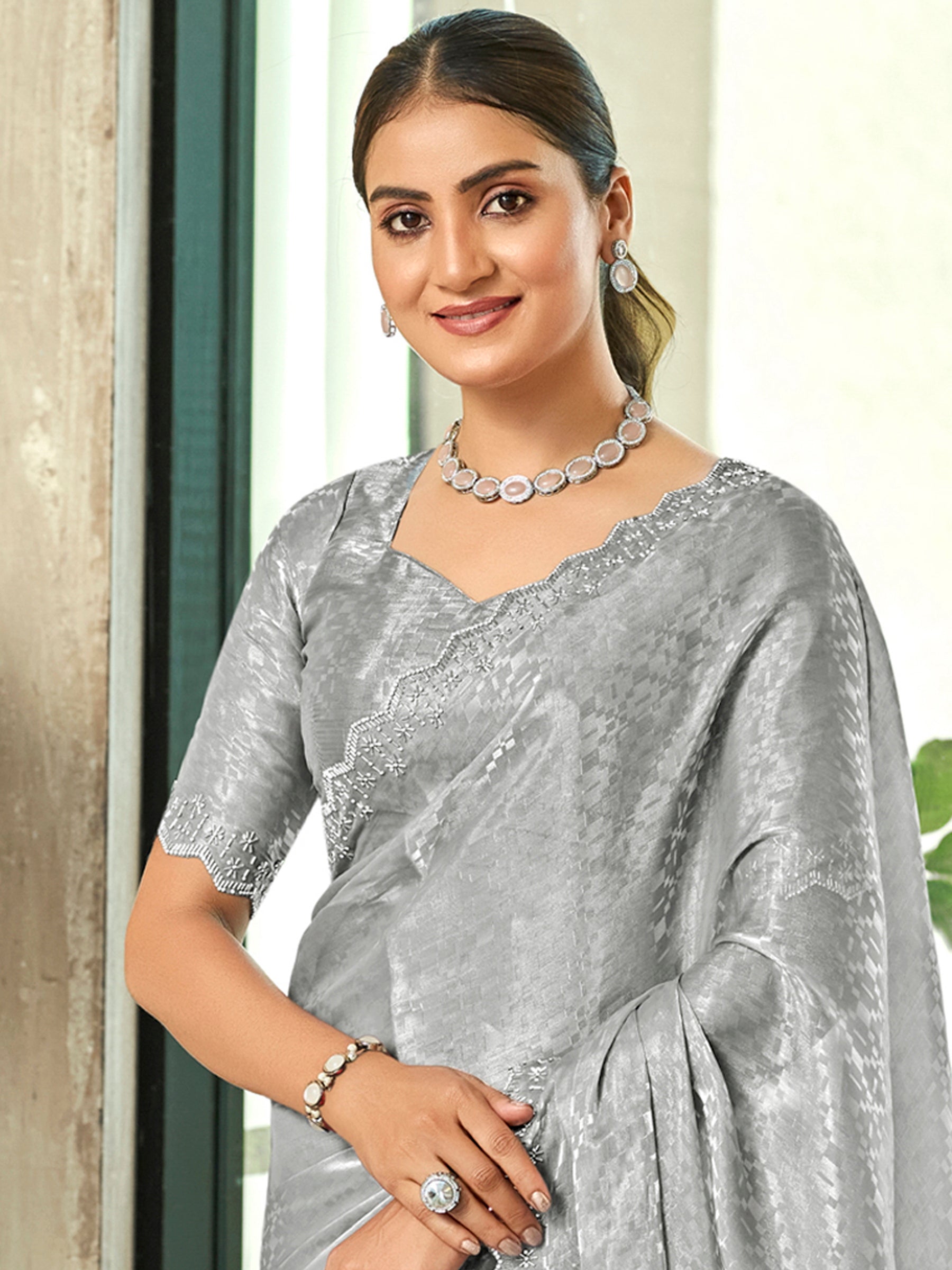 Jyoti Fashion Women's Grey Silk Blend Embellished Border with Beads & Crystal Cutwork Saree with Blouse | Swadesiicart