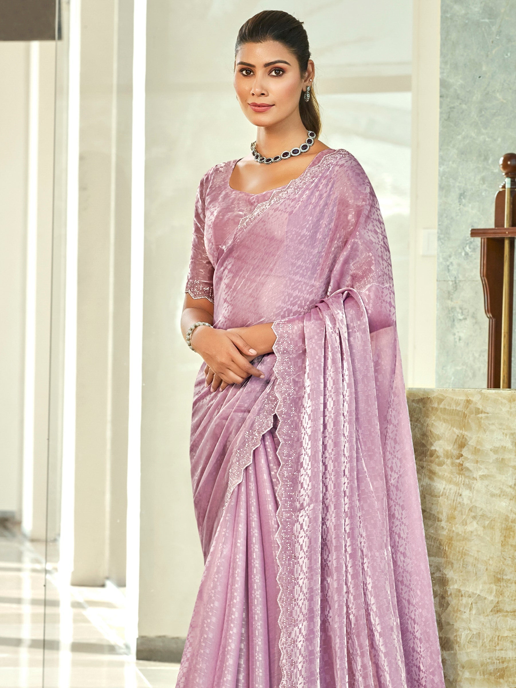Jyoti Fashion Women's Purple Silk Blend Embellished Border with Beads & Crystal Cutwork Saree with Blouse | Swadesiicart