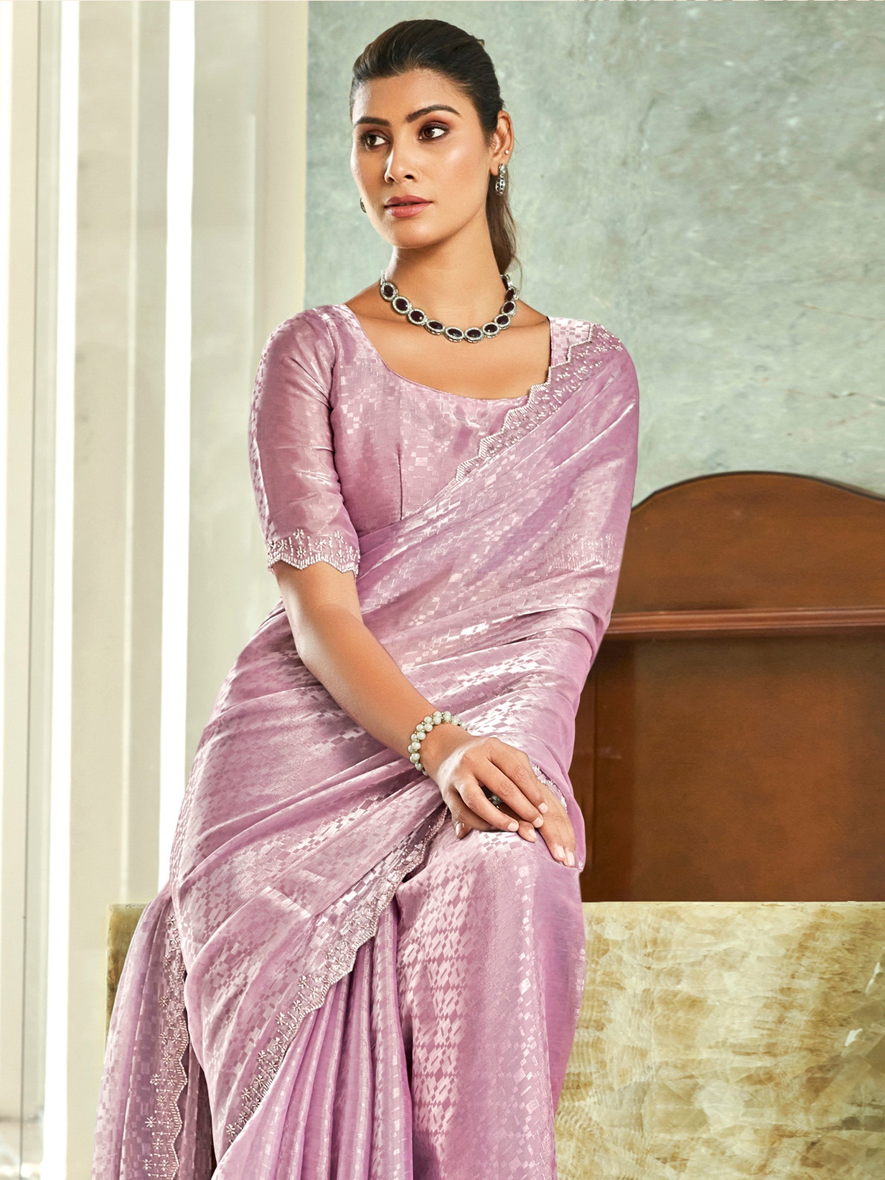 Jyoti Fashion Women's Purple Silk Blend Embellished Border with Beads & Crystal Cutwork Saree with Blouse | Swadesiicart
