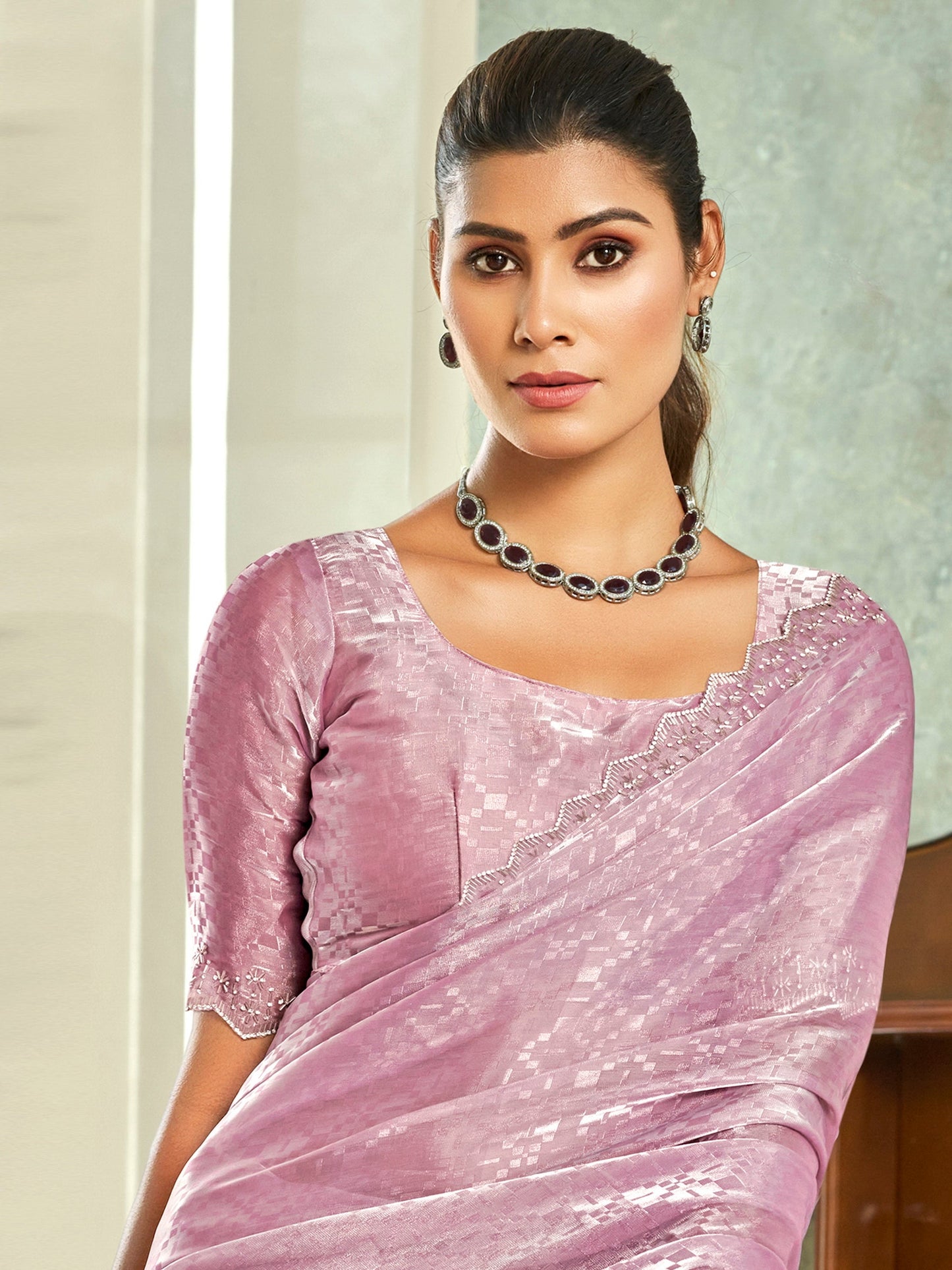 Jyoti Fashion Women's Purple Silk Blend Embellished Border with Beads & Crystal Cutwork Saree with Blouse | Swadesiicart
