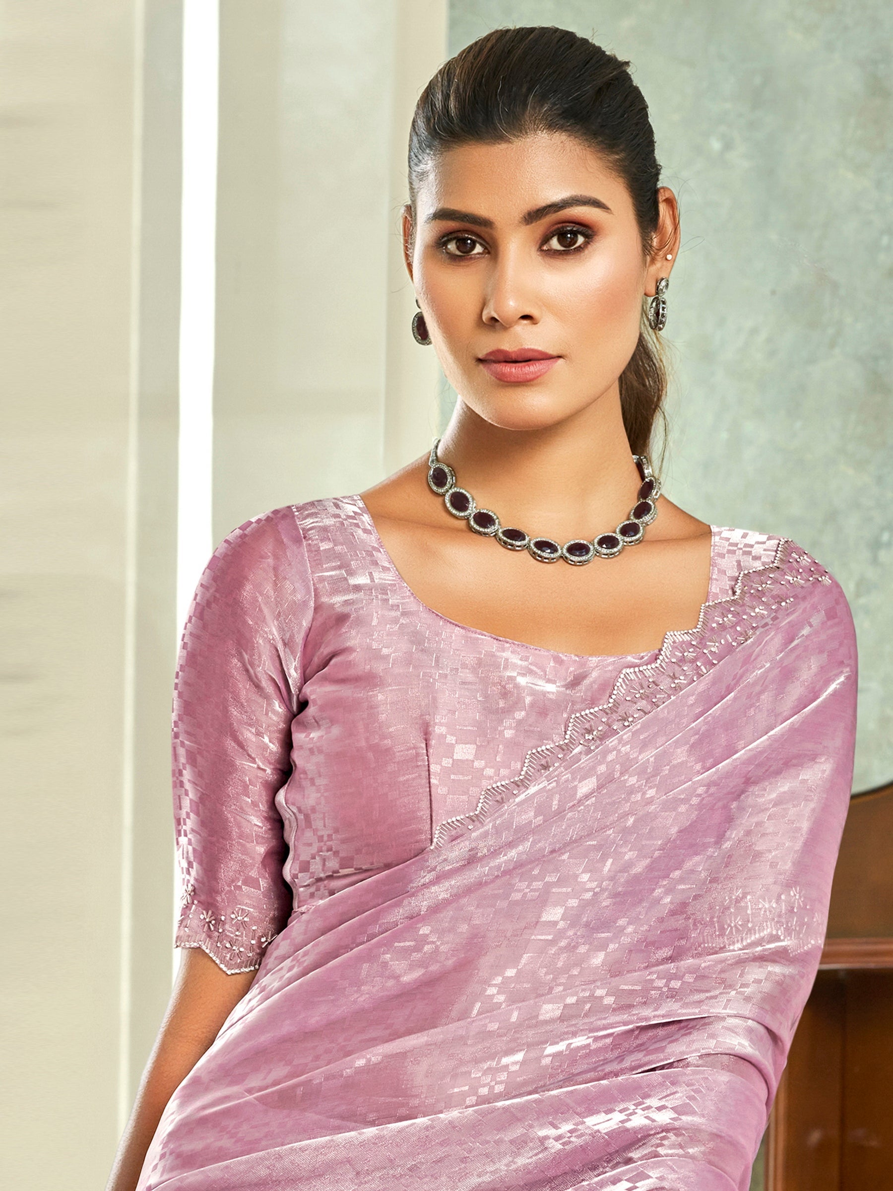 Jyoti Fashion Women's Purple Silk Blend Embellished Border with Beads & Crystal Cutwork Saree with Blouse | Swadesiicart