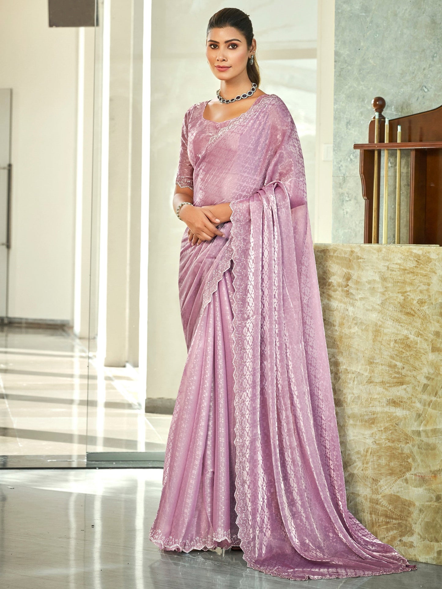 Jyoti Fashion Women's Purple Silk Blend Embellished Border with Beads & Crystal Cutwork Saree with Blouse | Swadesiicart