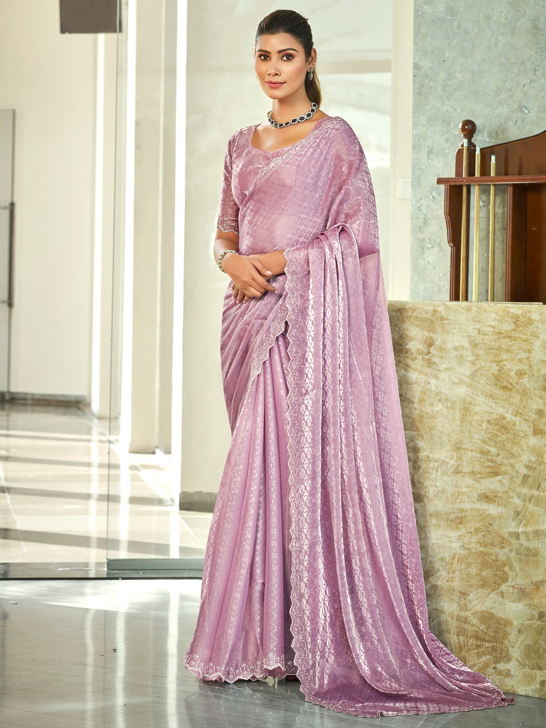 Jyoti Fashion Women's Purple Silk Blend Embellished Border with Beads & Crystal Cutwork Saree with Blouse | Swadesiicart