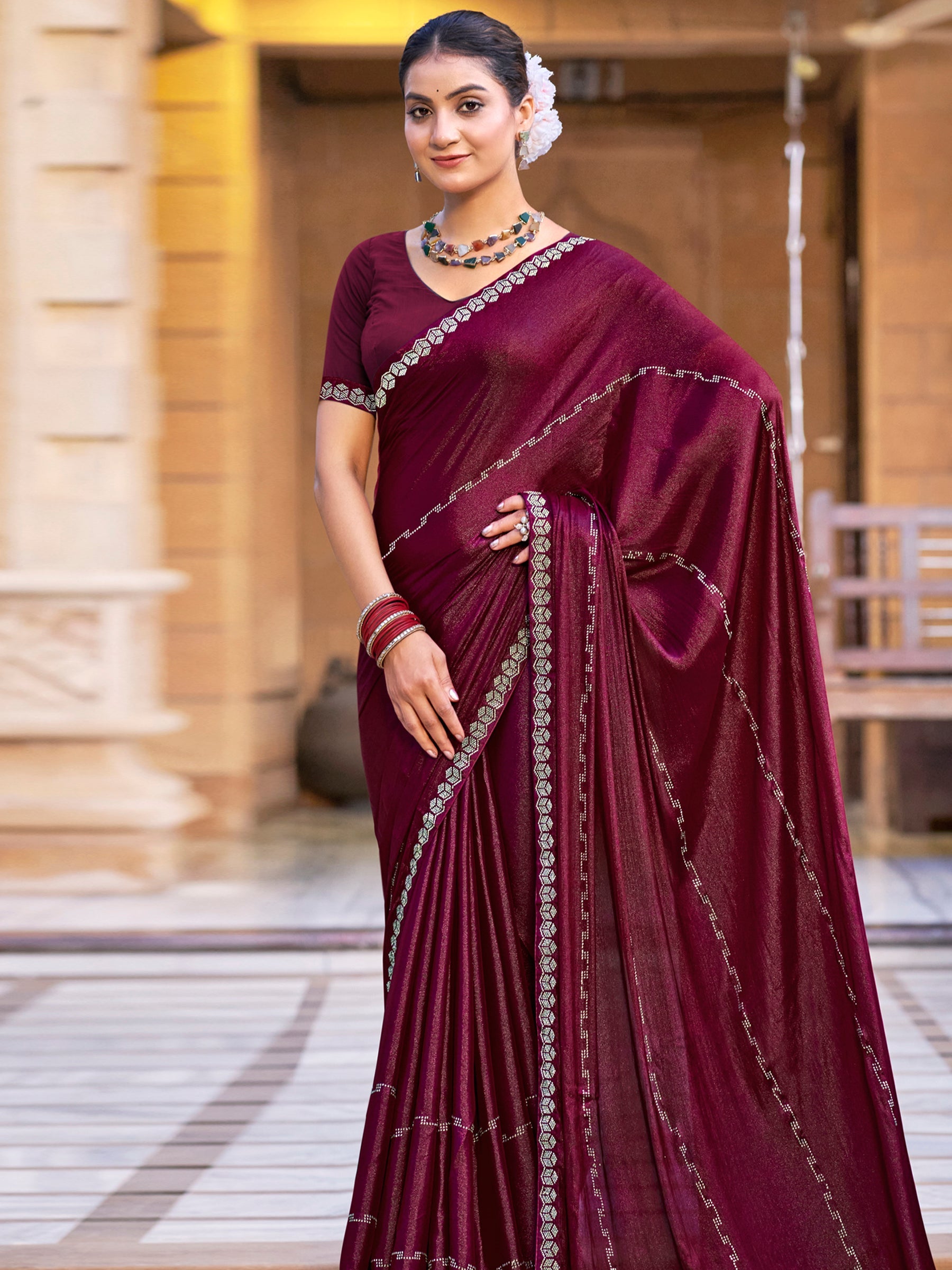 Jyoti Fashion Women's Maroon Shimmer Chiffon Embellished Border with Crystal Lines Saree with Blouse | Swadesiicart