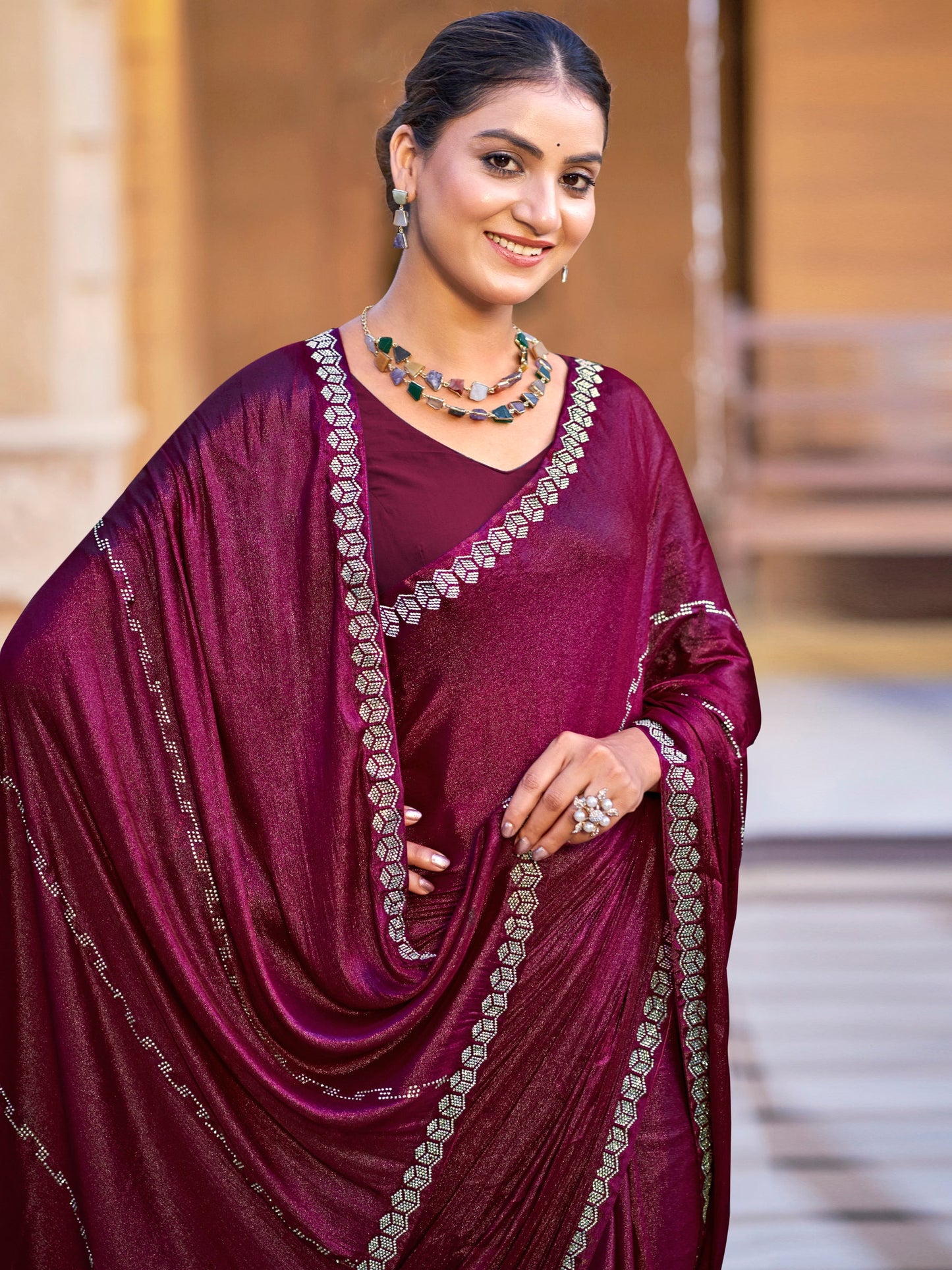Jyoti Fashion Women's Maroon Shimmer Chiffon Embellished Border with Crystal Lines Saree with Blouse | Swadesiicart