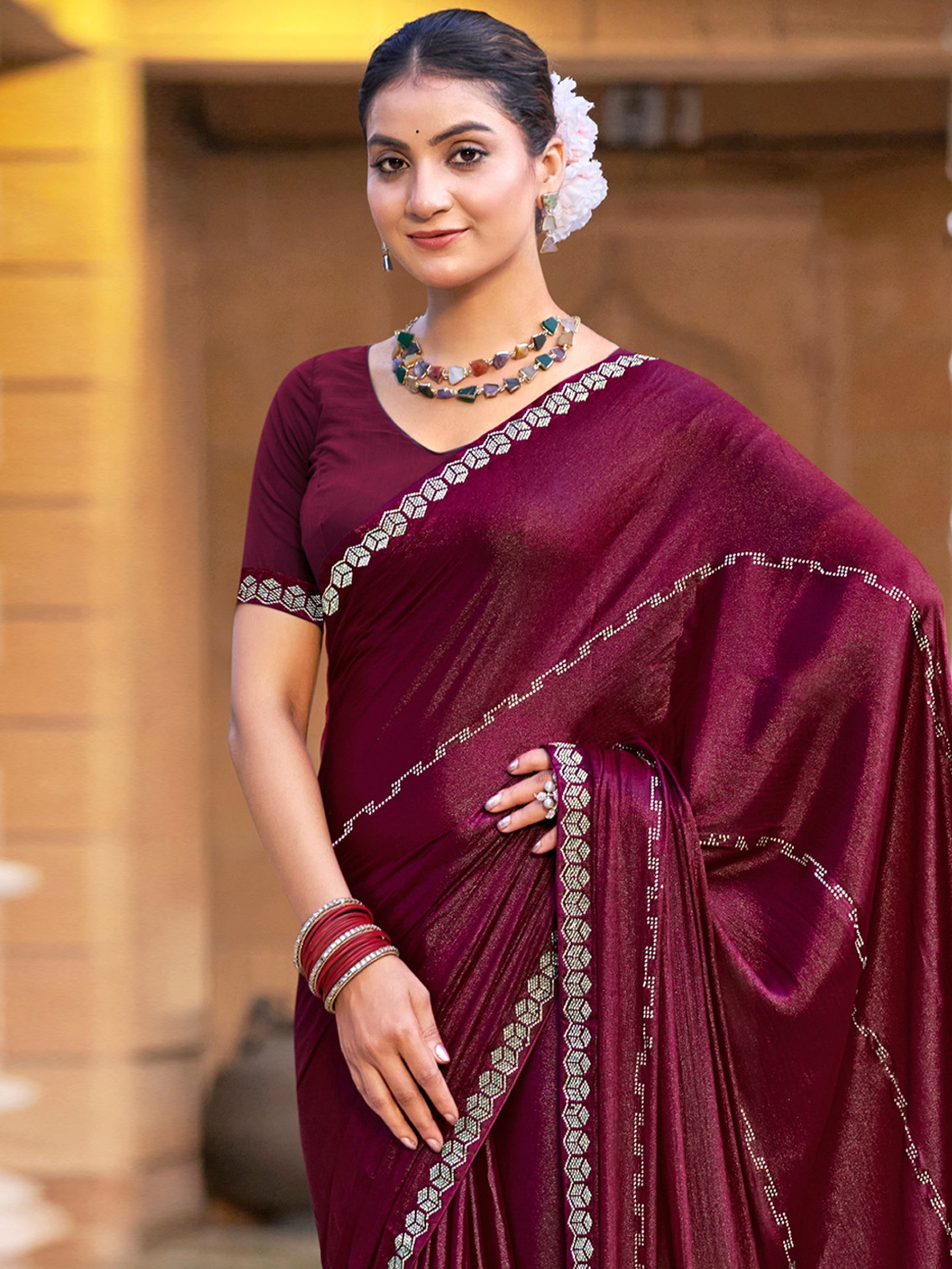 Jyoti Fashion Women's Maroon Shimmer Chiffon Embellished Border with Crystal Lines Saree with Blouse | Swadesiicart