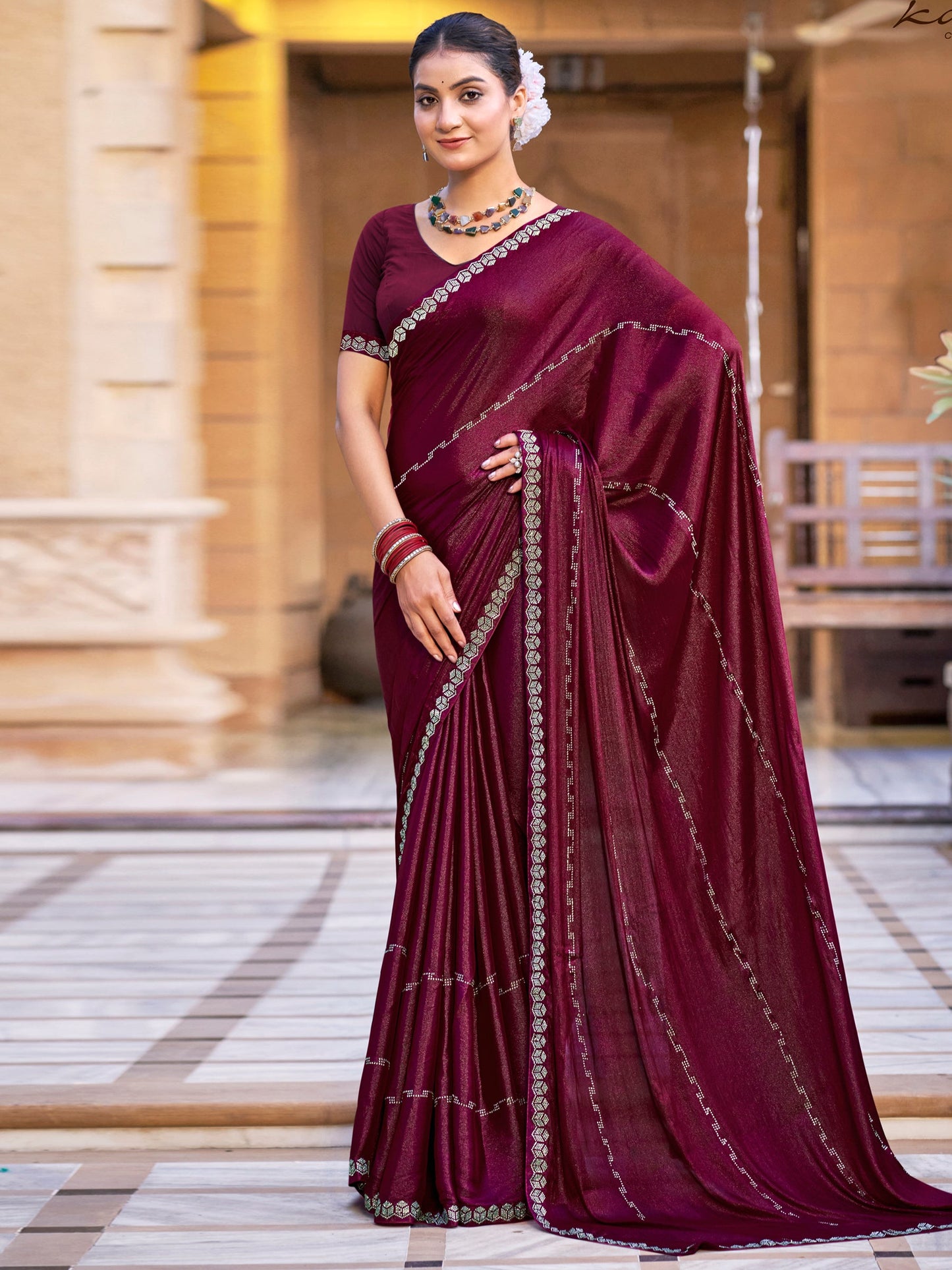 Jyoti Fashion Women's Maroon Shimmer Chiffon Embellished Border with Crystal Lines Saree with Blouse | Swadesiicart