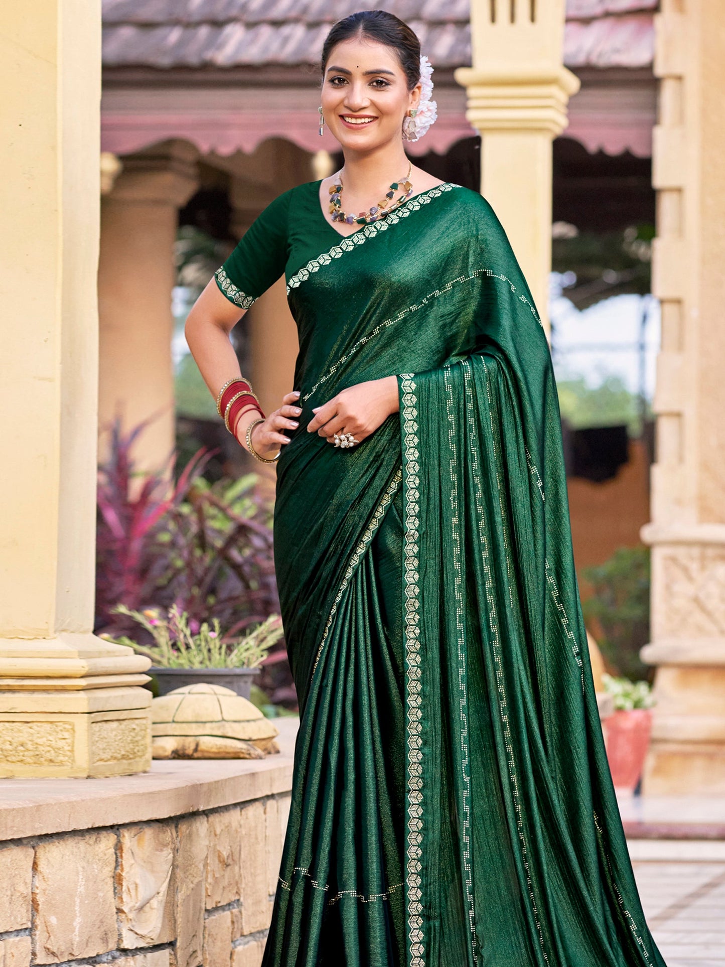 Jyoti Fashion Women's Green Shimmer Chiffon Embellished Border with Crystal Lines Saree with Blouse | Swadesiicart