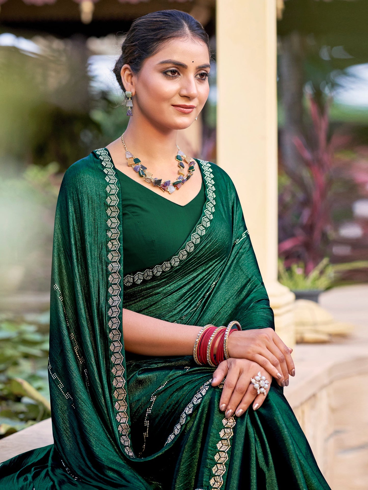 Jyoti Fashion Women's Green Shimmer Chiffon Embellished Border with Crystal Lines Saree with Blouse | Swadesiicart