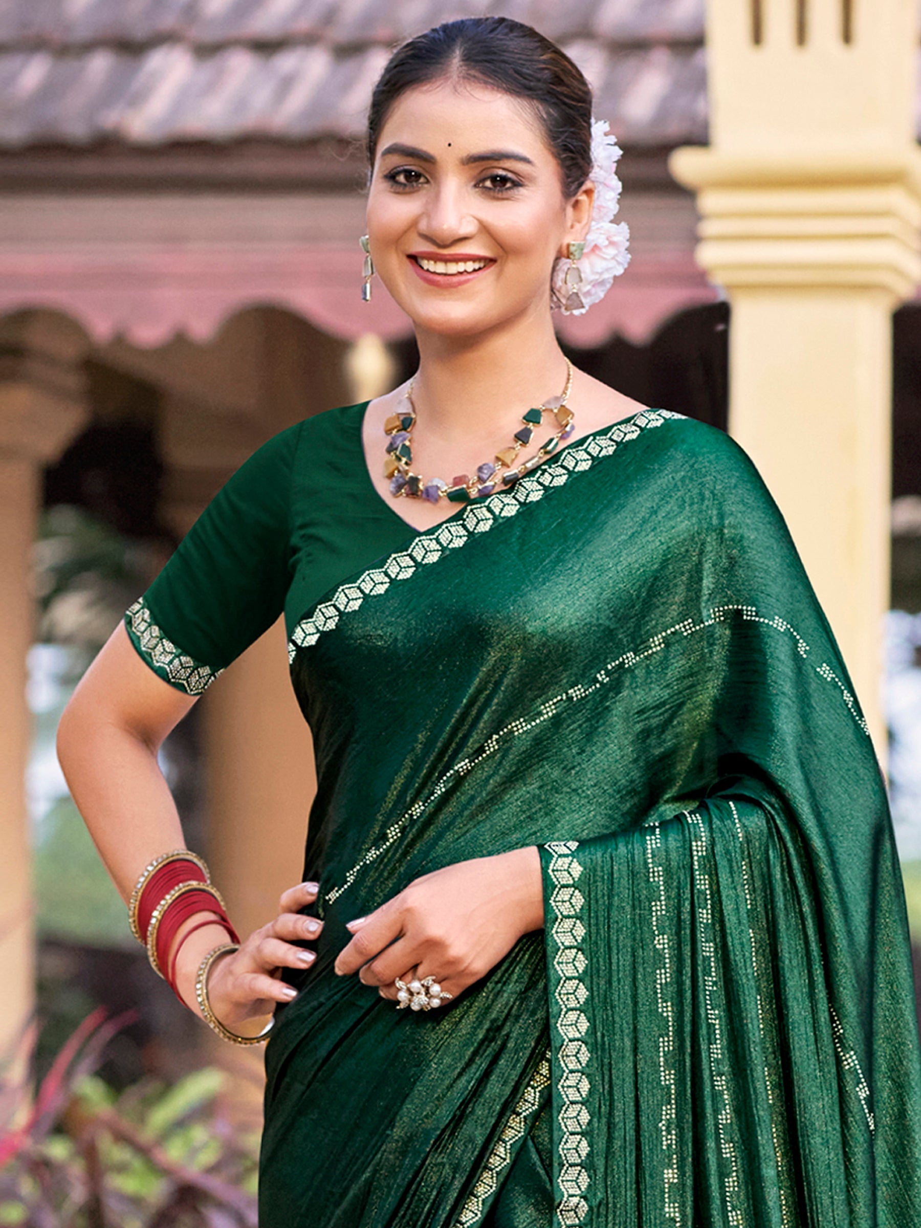 Jyoti Fashion Women's Green Shimmer Chiffon Embellished Border with Crystal Lines Saree with Blouse | Swadesiicart