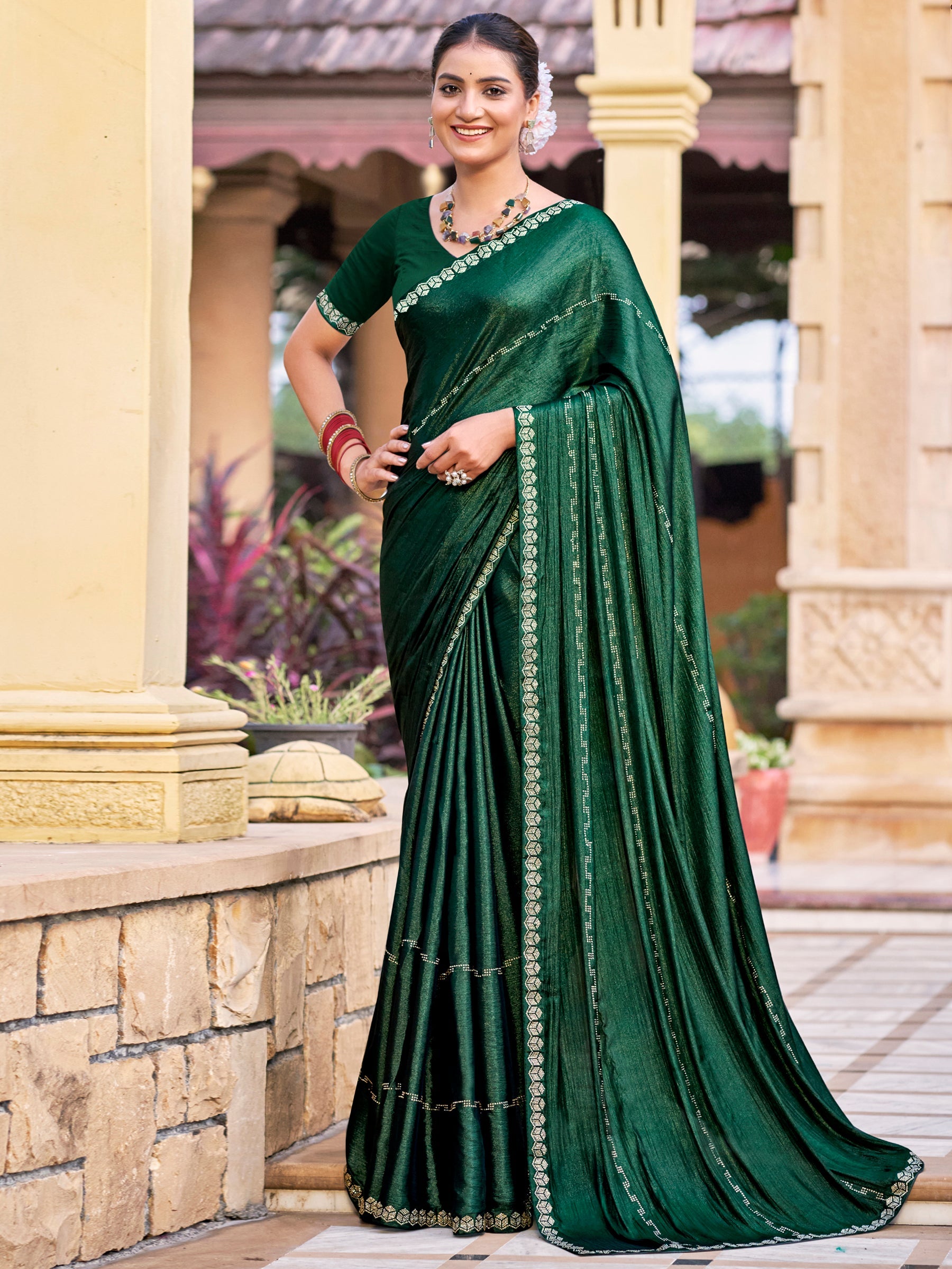 Jyoti Fashion Women's Green Shimmer Chiffon Embellished Border with Crystal Lines Saree with Blouse | Swadesiicart