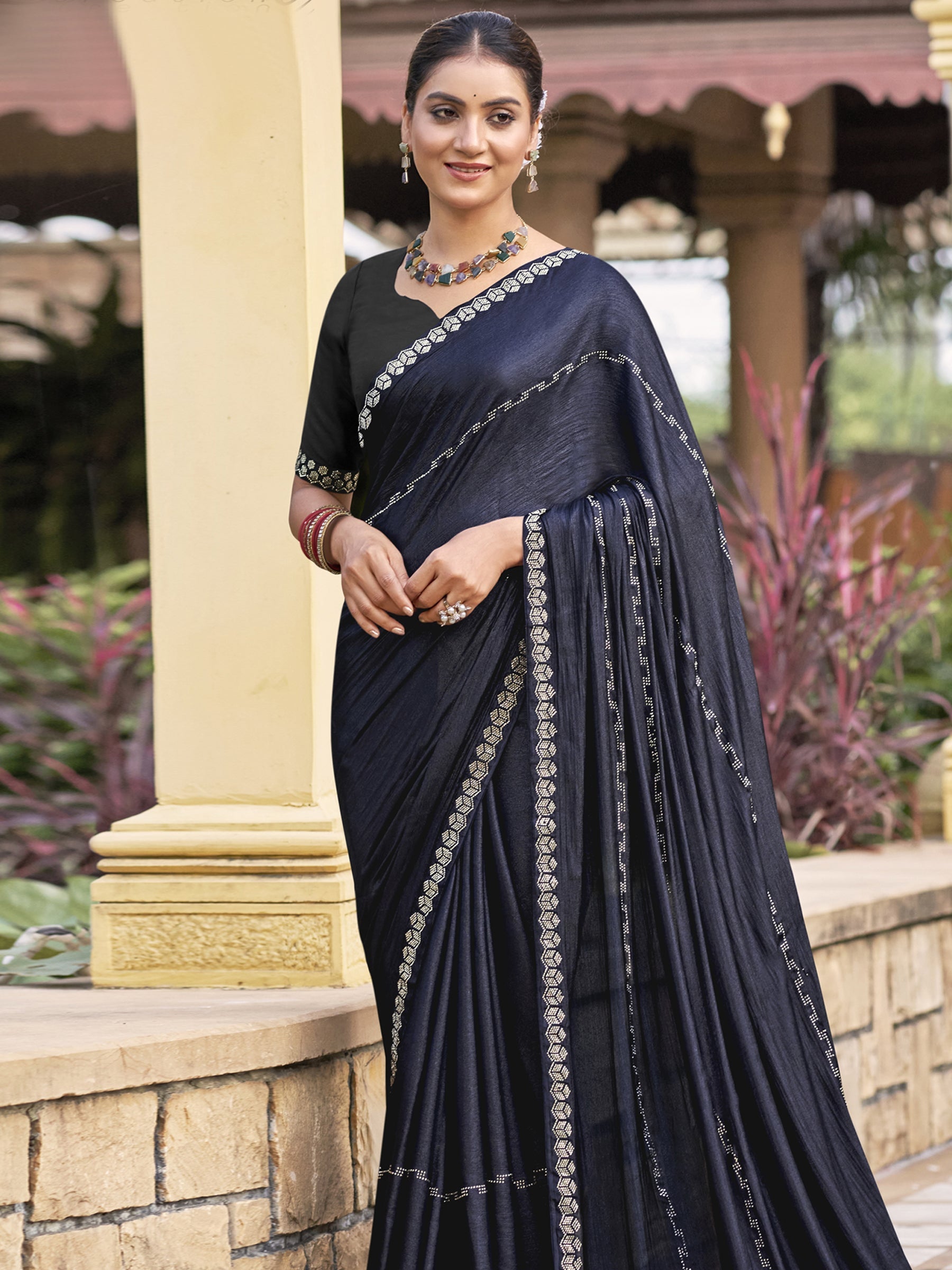 Jyoti Fashion Women's Mid Night Blue Shimmer Chiffon Embellished Border with Crystal Lines Saree with Blouse | Swadesiicart