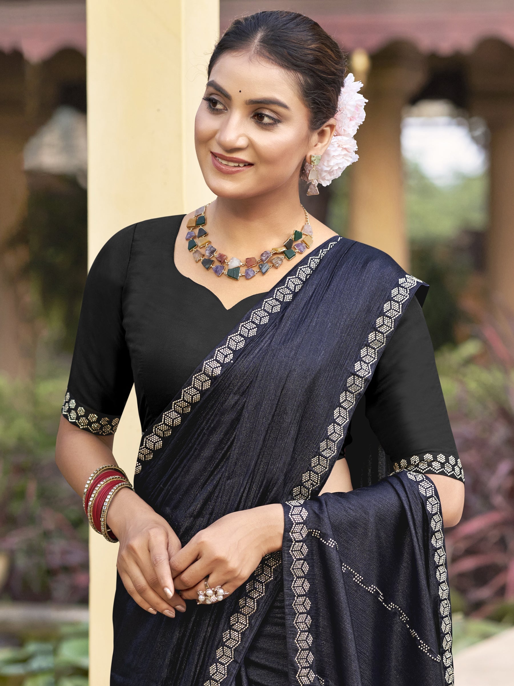 Jyoti Fashion Women's Mid Night Blue Shimmer Chiffon Embellished Border with Crystal Lines Saree with Blouse | Swadesiicart
