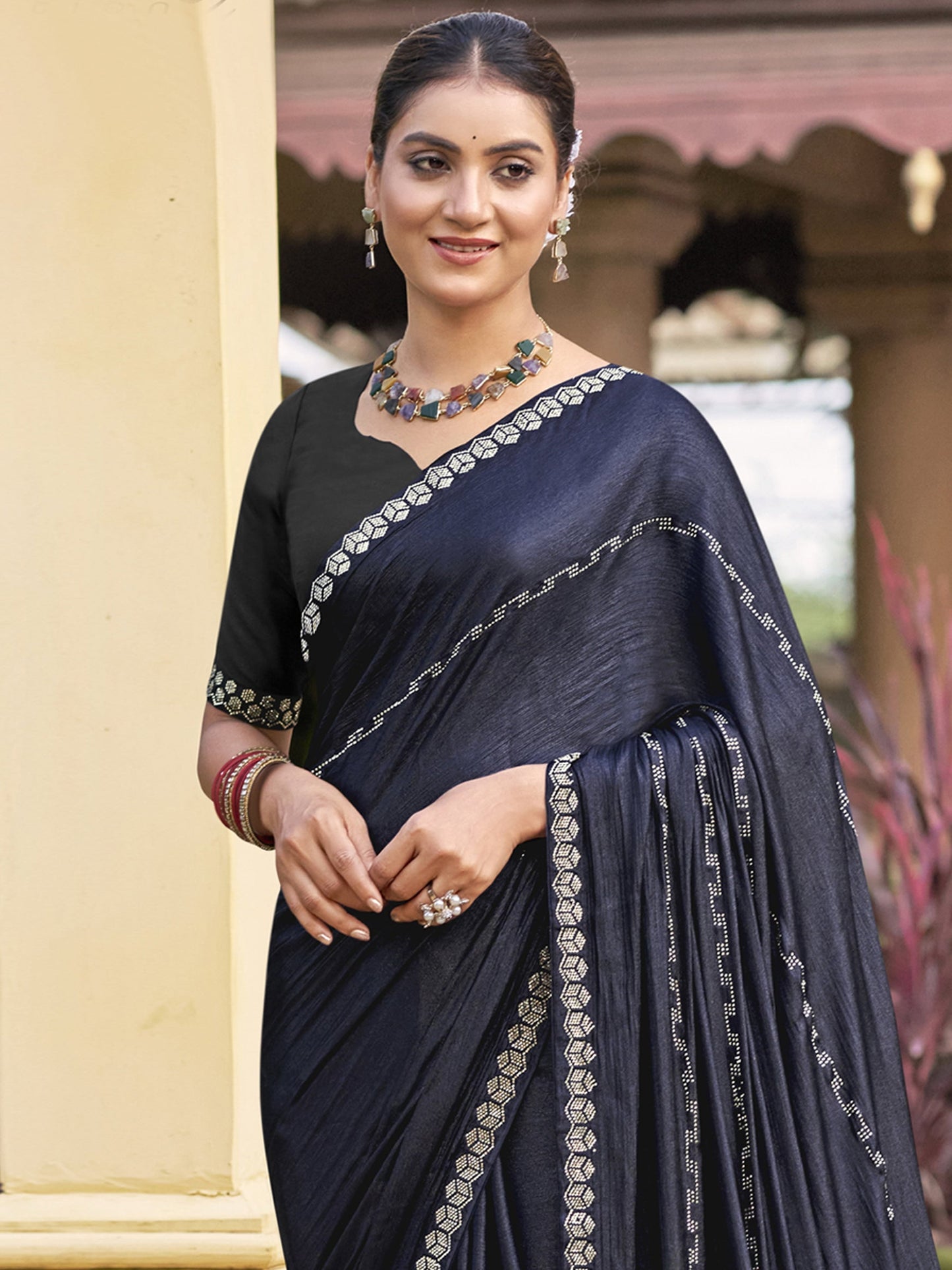 Jyoti Fashion Women's Mid Night Blue Shimmer Chiffon Embellished Border with Crystal Lines Saree with Blouse | Swadesiicart
