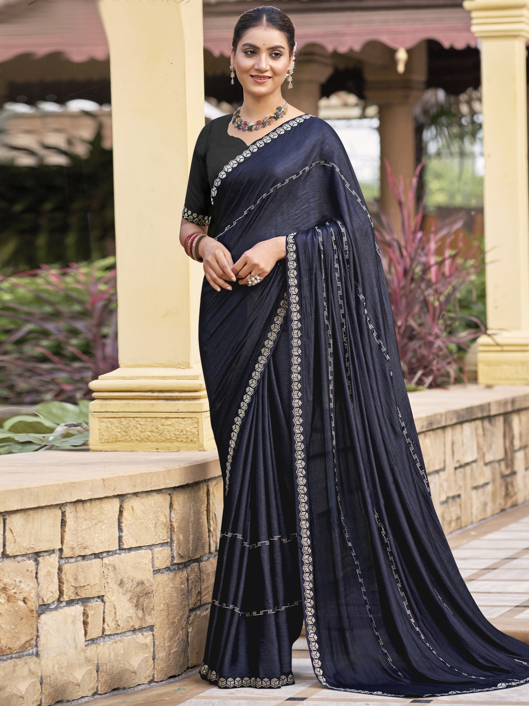 Jyoti Fashion Women's Mid Night Blue Shimmer Chiffon Embellished Border with Crystal Lines Saree with Blouse | Swadesiicart