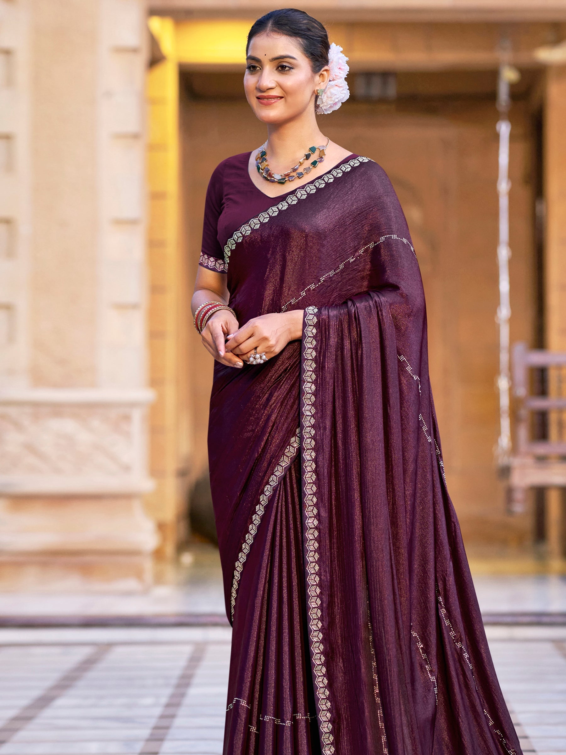 Jyoti Fashion Women's Wine Shimmer Chiffon Embellished Border with Crystal Lines Saree with Blouse | Swadesiicart
