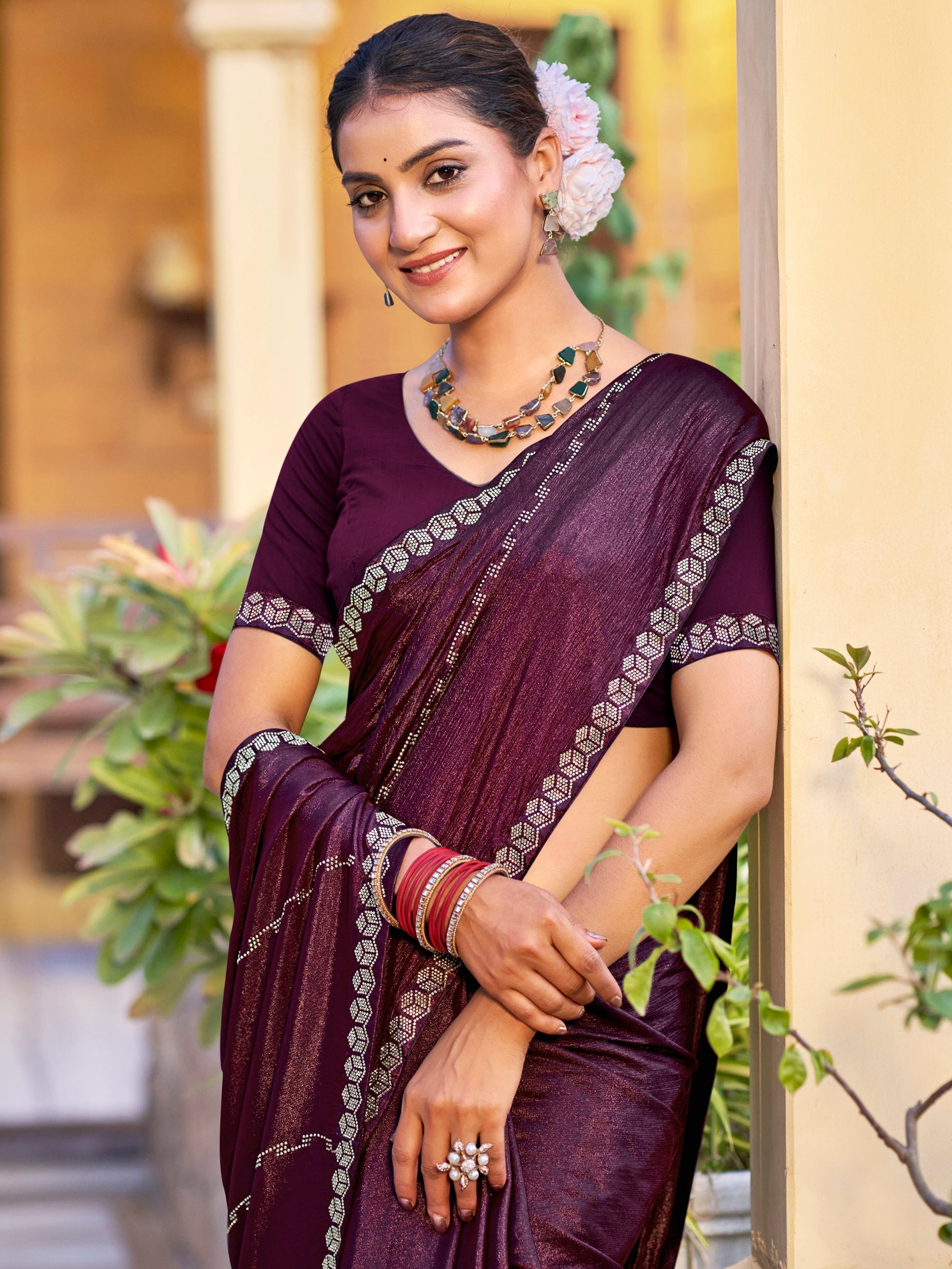 Jyoti Fashion Women's Wine Shimmer Chiffon Embellished Border with Crystal Lines Saree with Blouse | Swadesiicart