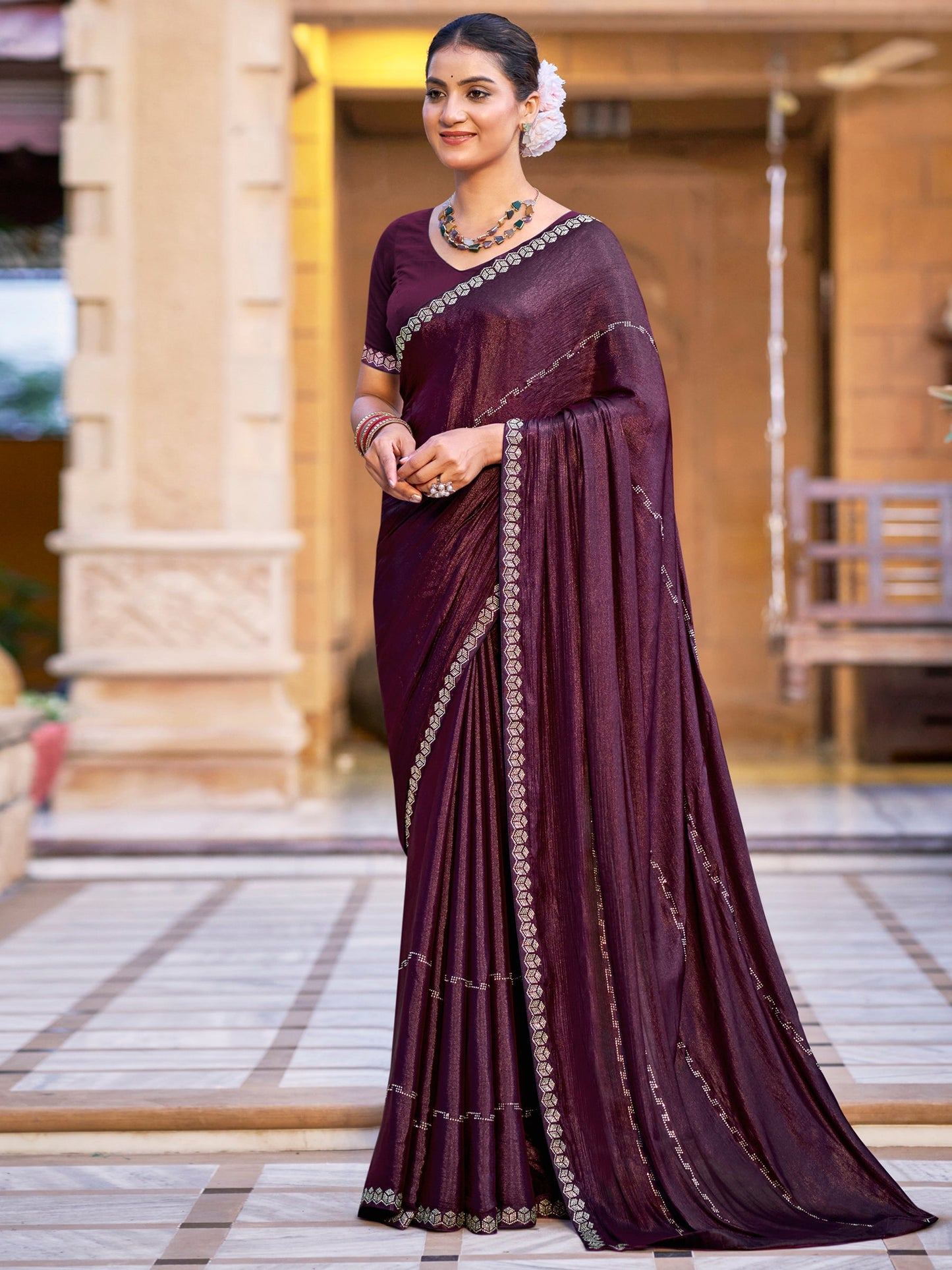 Jyoti Fashion Women's Wine Shimmer Chiffon Embellished Border with Crystal Lines Saree with Blouse | Swadesiicart