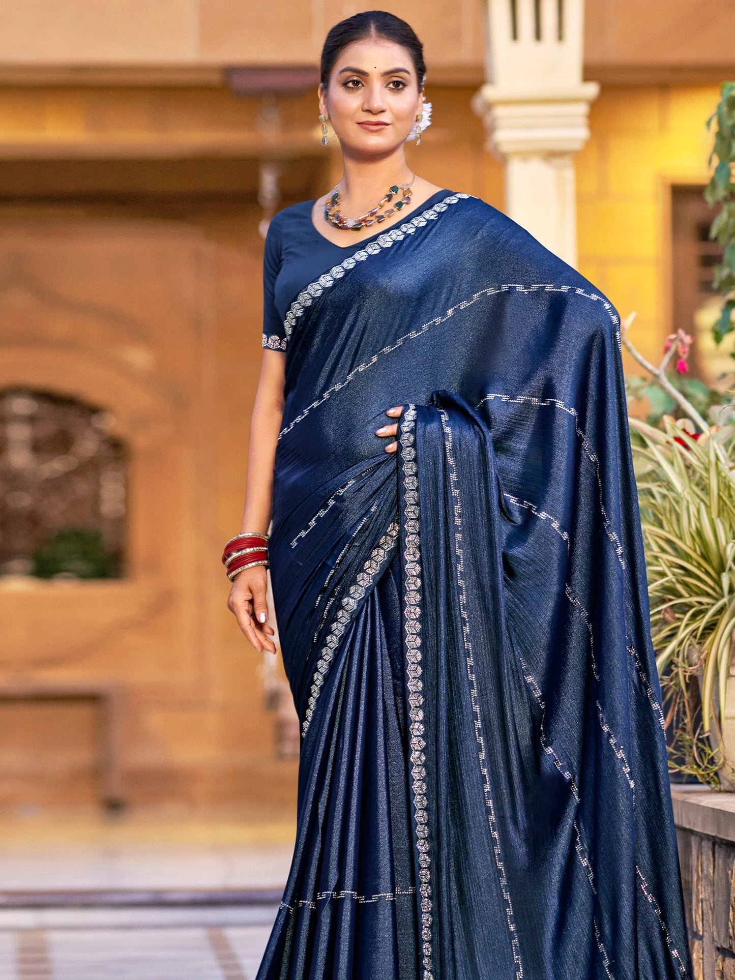 Jyoti Fashion Women's Navy Blue Shimmer Chiffon Embellished Border with Crystal Lines Saree with Blouse | Swadesiicart