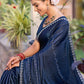 Jyoti Fashion Women's Navy Blue Shimmer Chiffon Embellished Border with Crystal Lines Saree with Blouse | Swadesiicart