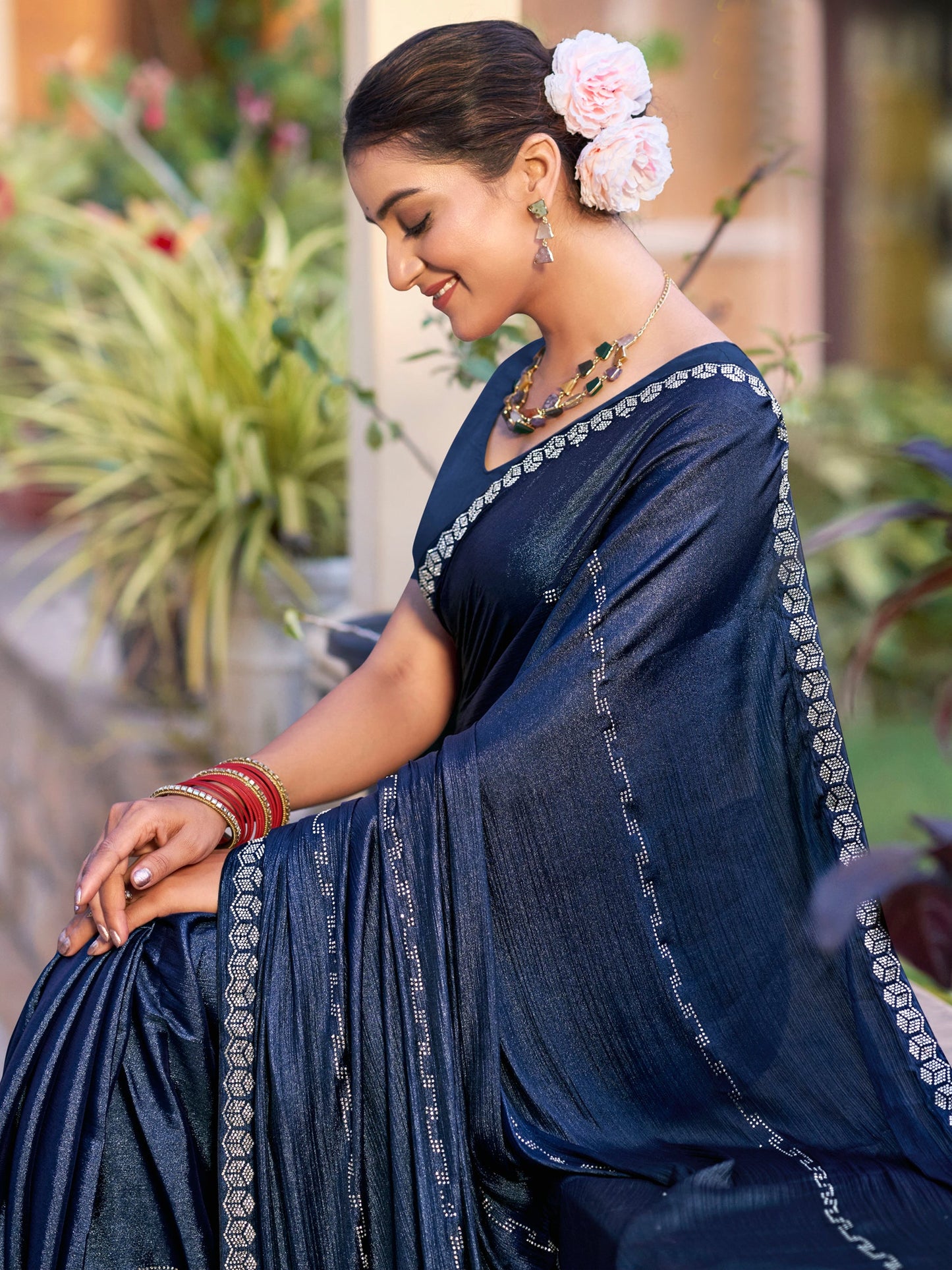 Jyoti Fashion Women's Navy Blue Shimmer Chiffon Embellished Border with Crystal Lines Saree with Blouse | Swadesiicart