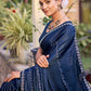 Jyoti Fashion Women's Navy Blue Shimmer Chiffon Embellished Border with Crystal Lines Saree with Blouse | Swadesiicart