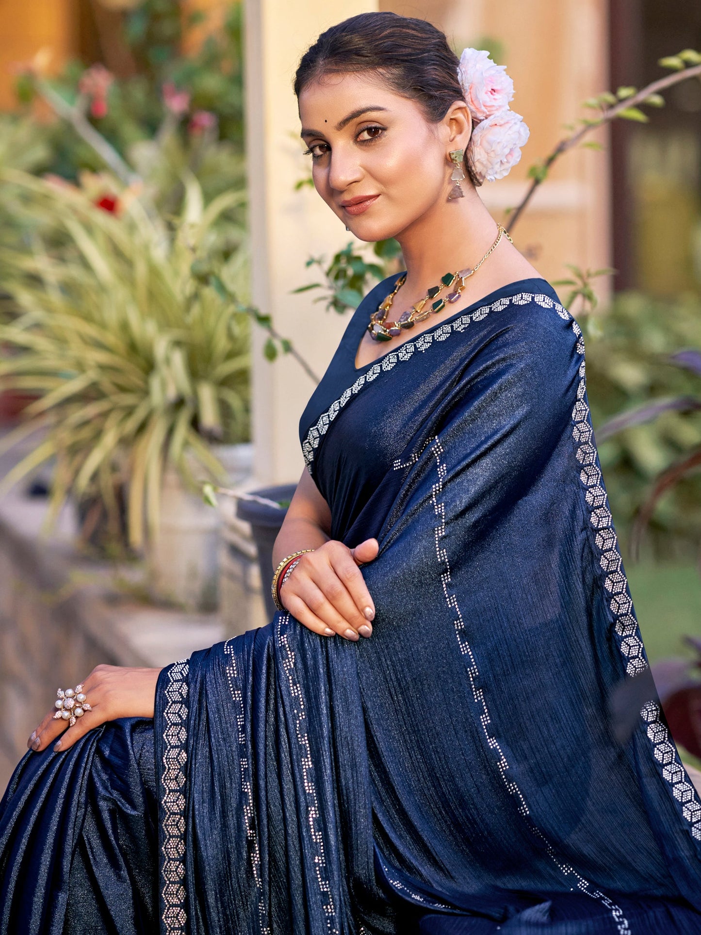 Jyoti Fashion Women's Navy Blue Shimmer Chiffon Embellished Border with Crystal Lines Saree with Blouse | Swadesiicart