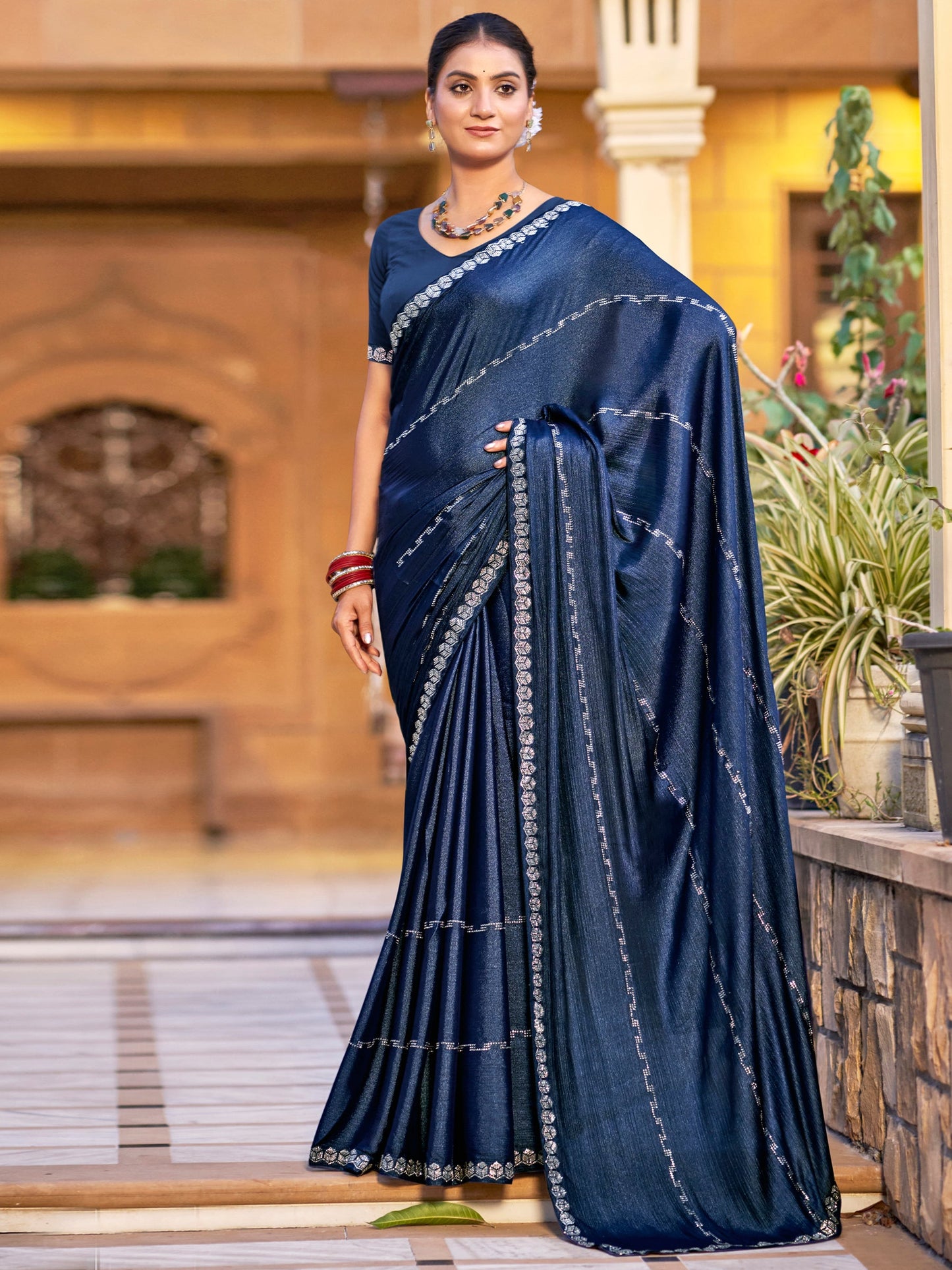 Jyoti Fashion Women's Navy Blue Shimmer Chiffon Embellished Border with Crystal Lines Saree with Blouse | Swadesiicart