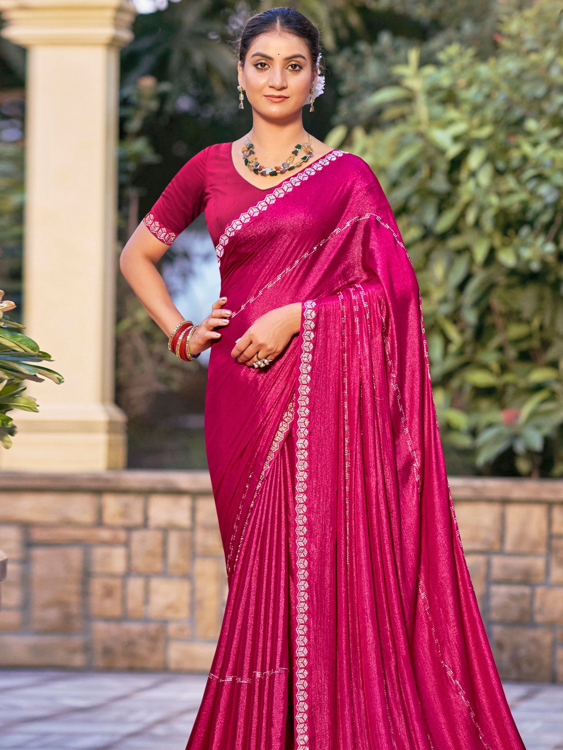 Jyoti Fashion Women's Magenta Shimmer Chiffon Embellished Border with Crystal Lines Saree with Blouse | Swadesiicart