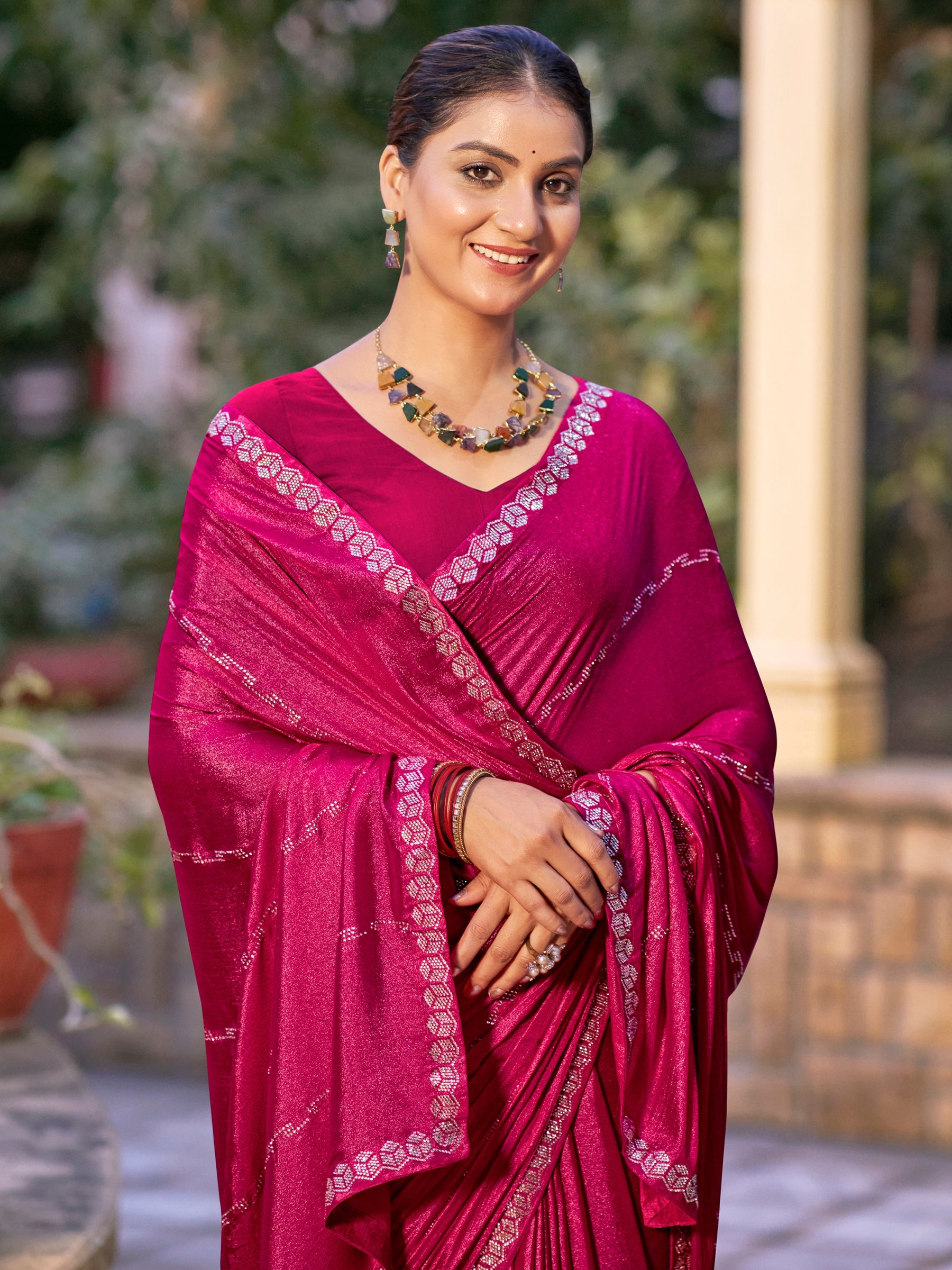 Jyoti Fashion Women's Magenta Shimmer Chiffon Embellished Border with Crystal Lines Saree with Blouse | Swadesiicart