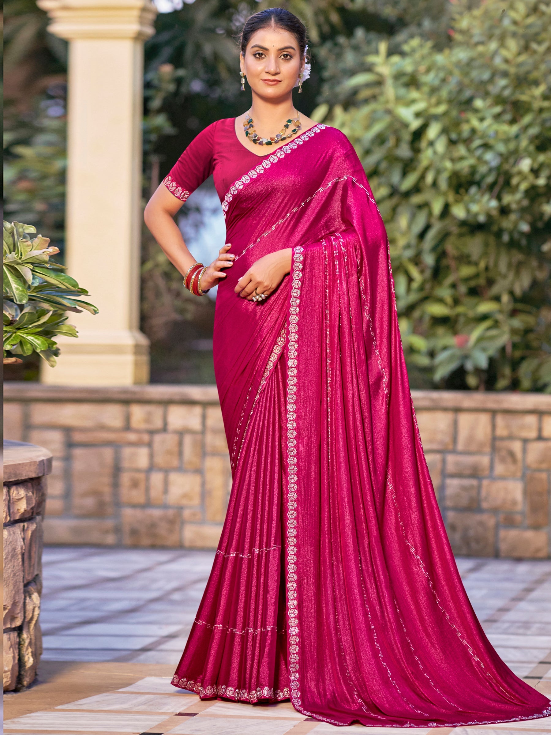 Jyoti Fashion Women's Magenta Shimmer Chiffon Embellished Border with Crystal Lines Saree with Blouse | Swadesiicart