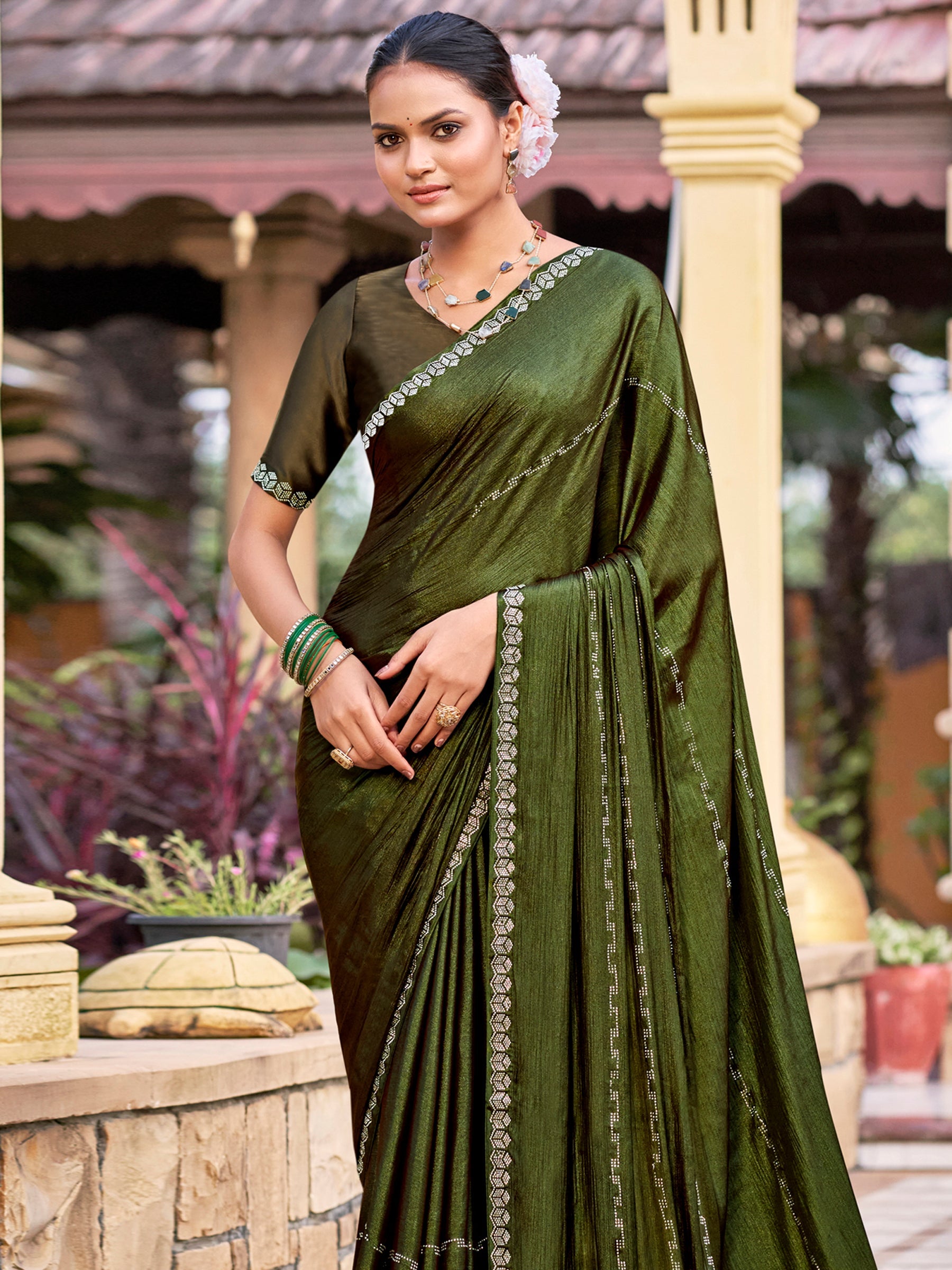 Jyoti Fashion Women's Olive Shimmer Chiffon Embellished Border with Crystal Lines Saree with Blouse | Swadesiicart