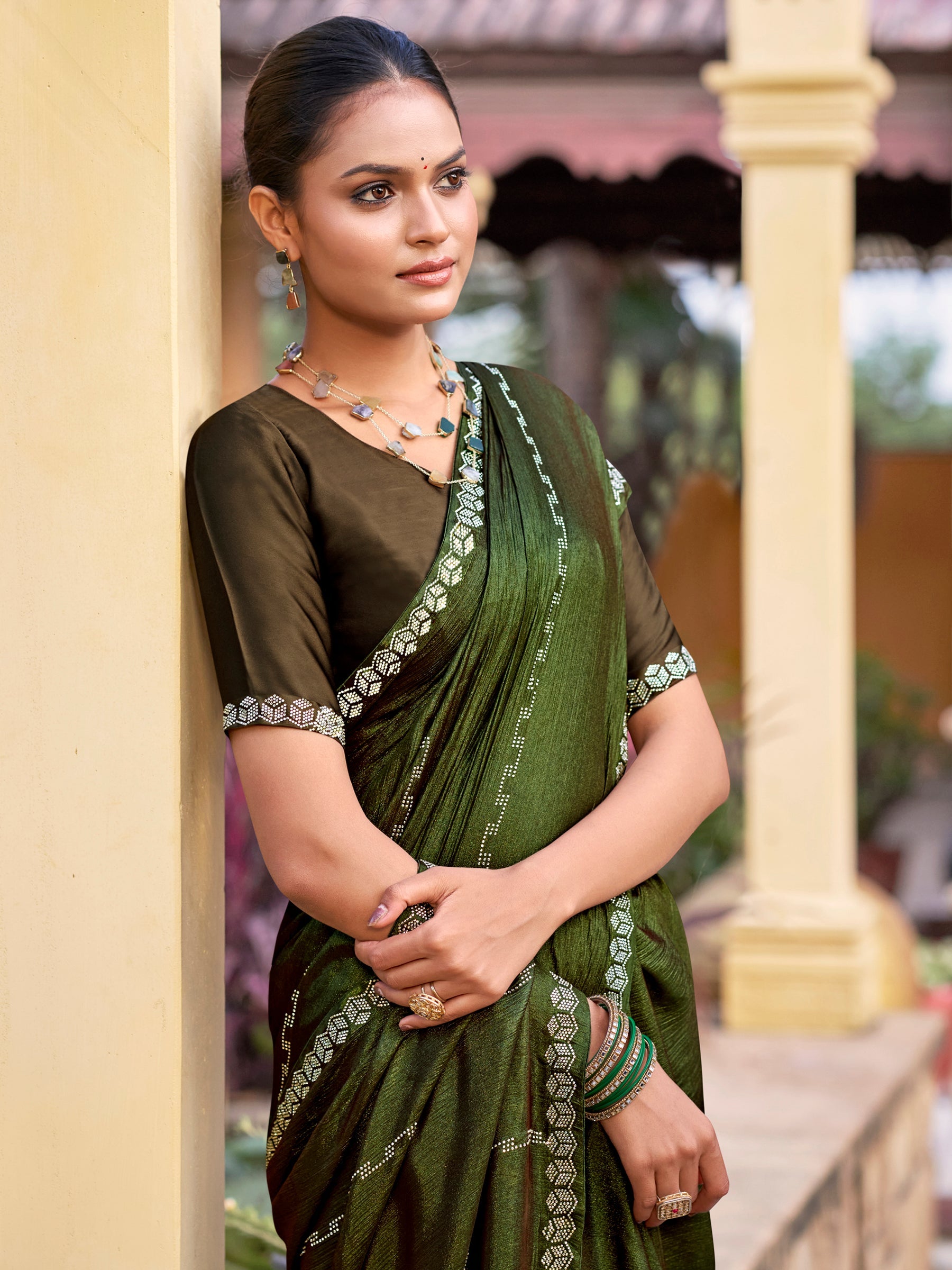 Jyoti Fashion Women's Olive Shimmer Chiffon Embellished Border with Crystal Lines Saree with Blouse | Swadesiicart