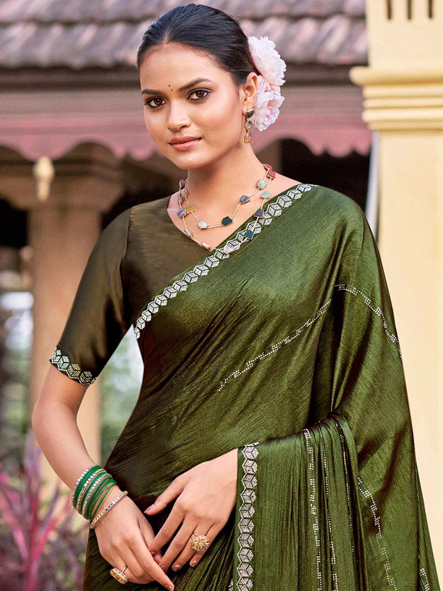 Jyoti Fashion Women's Olive Shimmer Chiffon Embellished Border with Crystal Lines Saree with Blouse | Swadesiicart