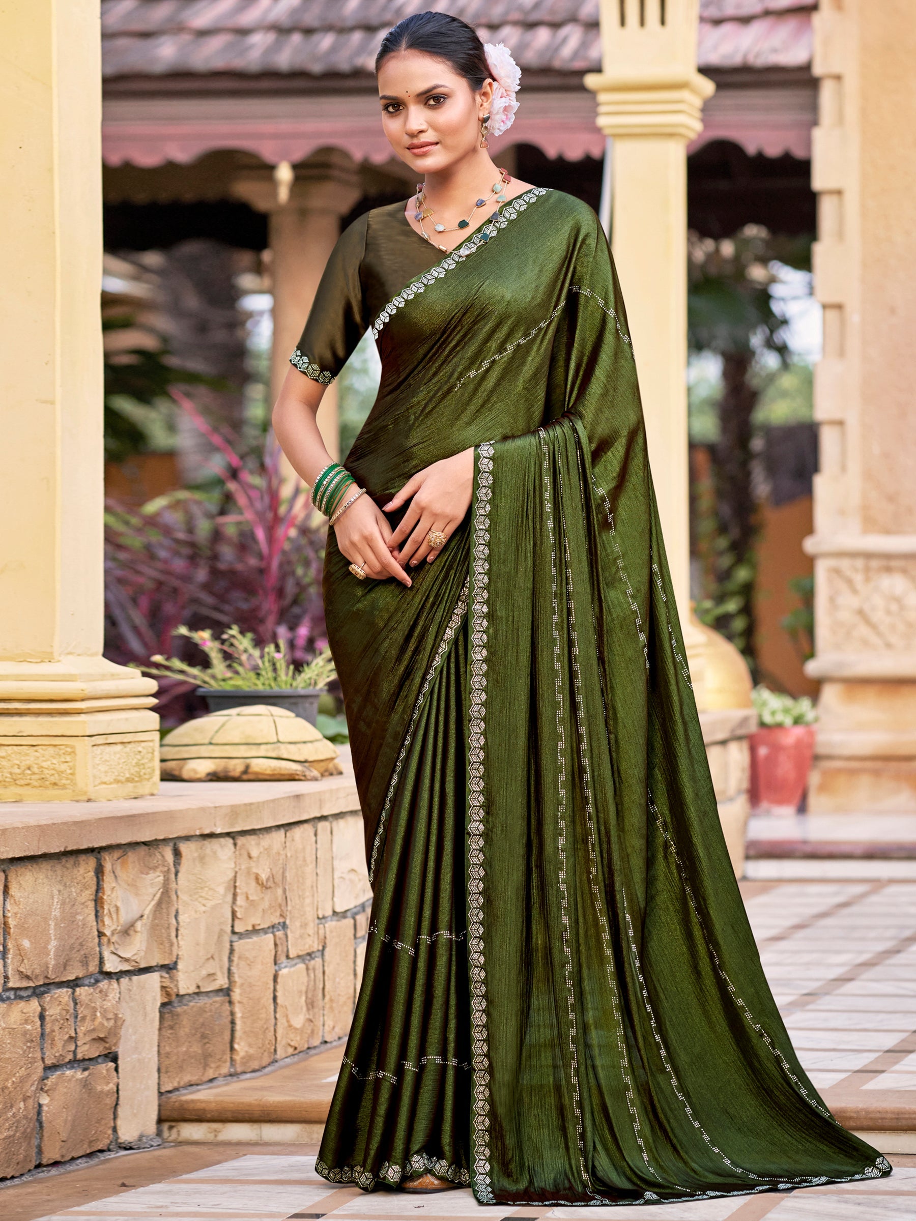 Jyoti Fashion Women's Olive Shimmer Chiffon Embellished Border with Crystal Lines Saree with Blouse | Swadesiicart
