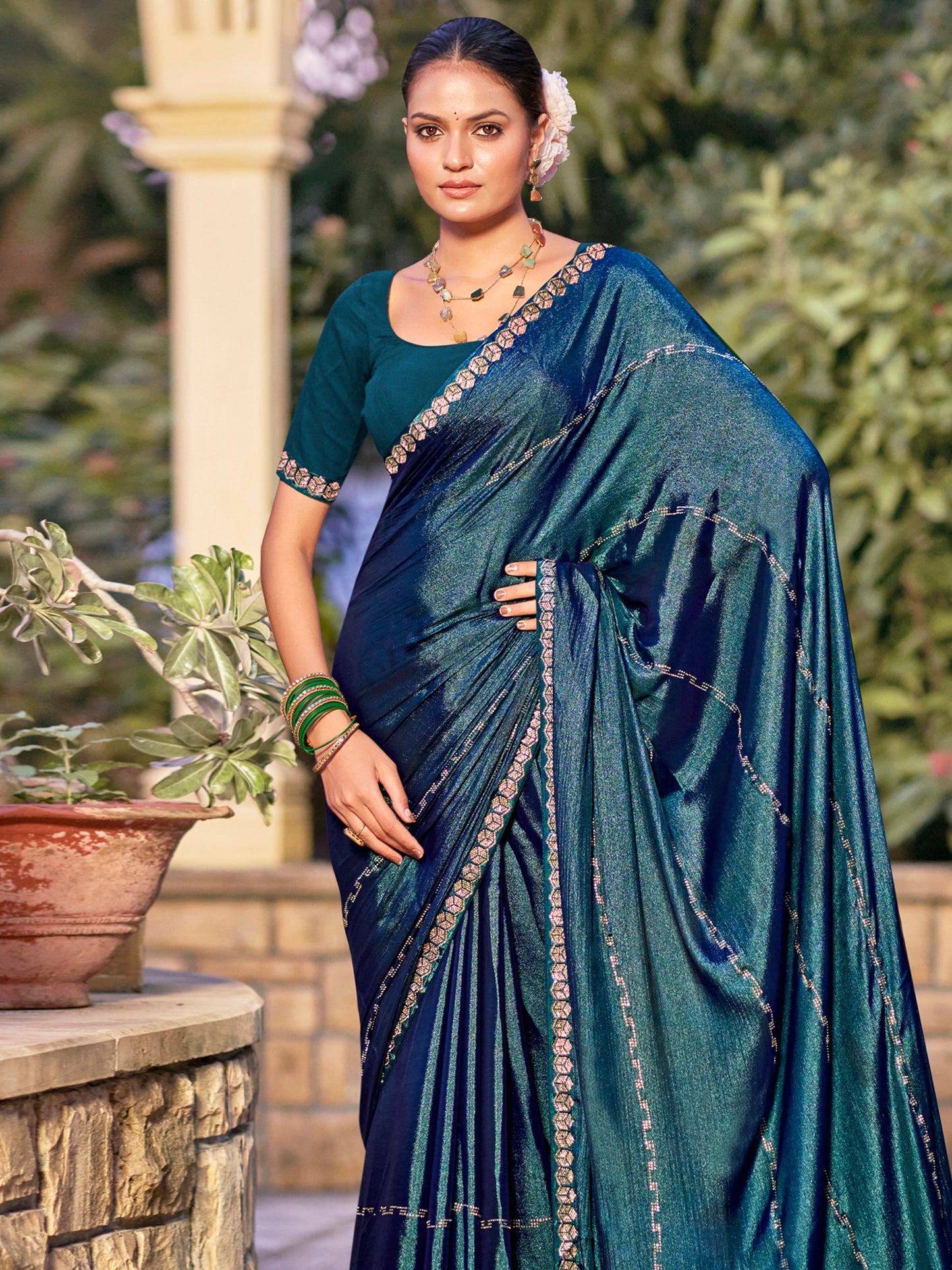 Jyoti Fashion Women's Teal Shimmer Chiffon Embellished Border with Crystal Lines Saree with Blouse | Swadesiicart