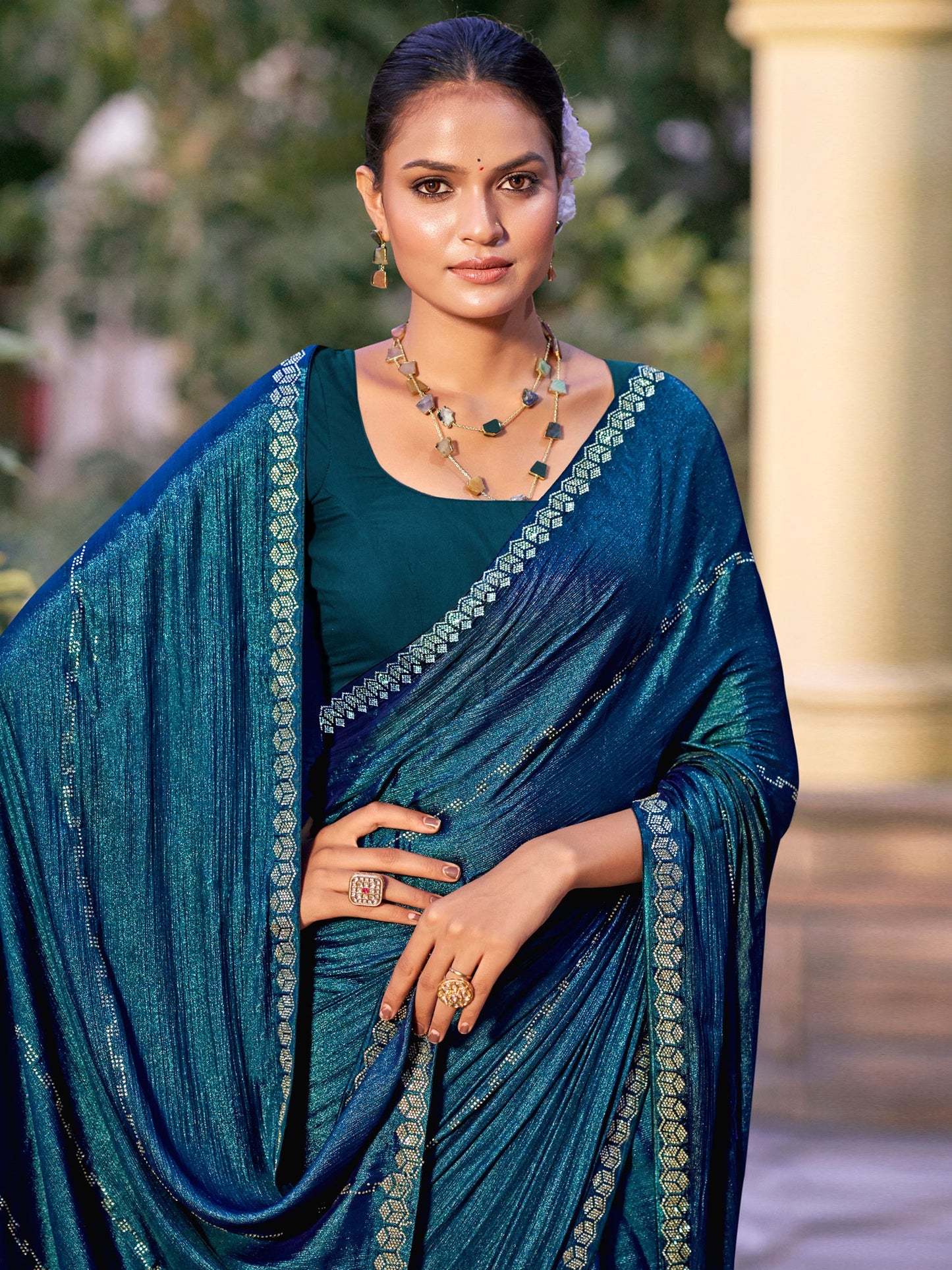 Jyoti Fashion Women's Teal Shimmer Chiffon Embellished Border with Crystal Lines Saree with Blouse | Swadesiicart